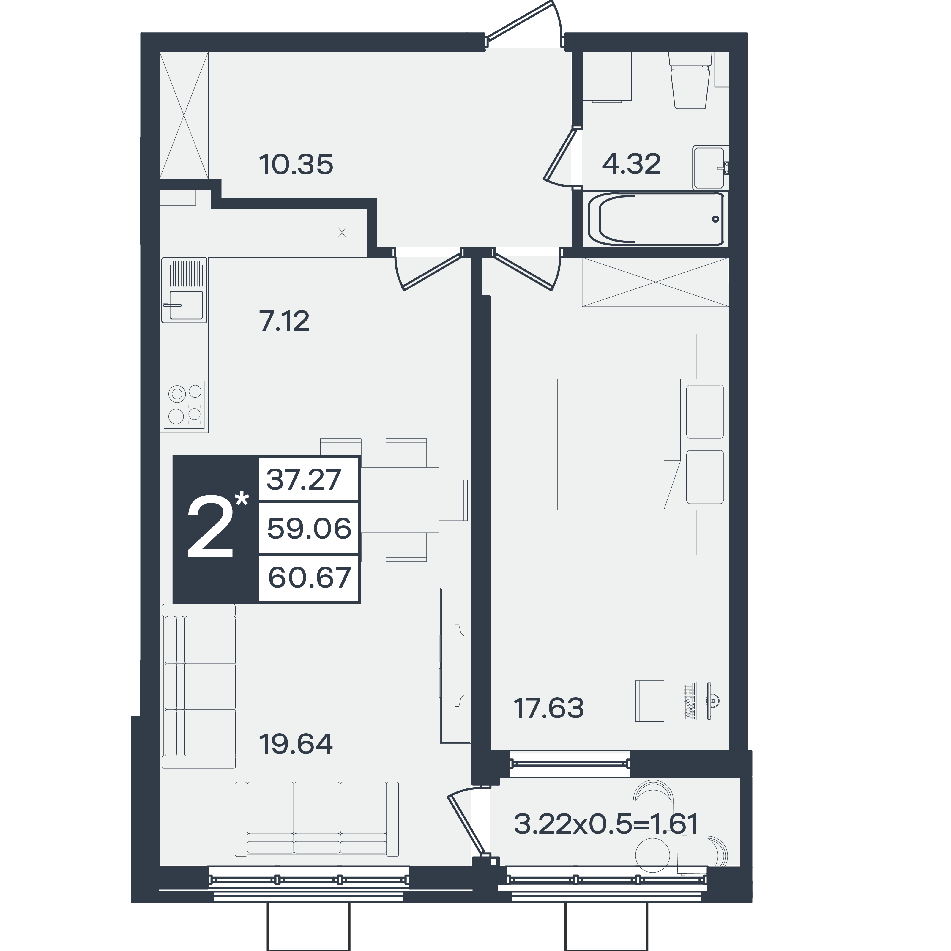 Планировка: 2-комн. квартира 60,7 м²