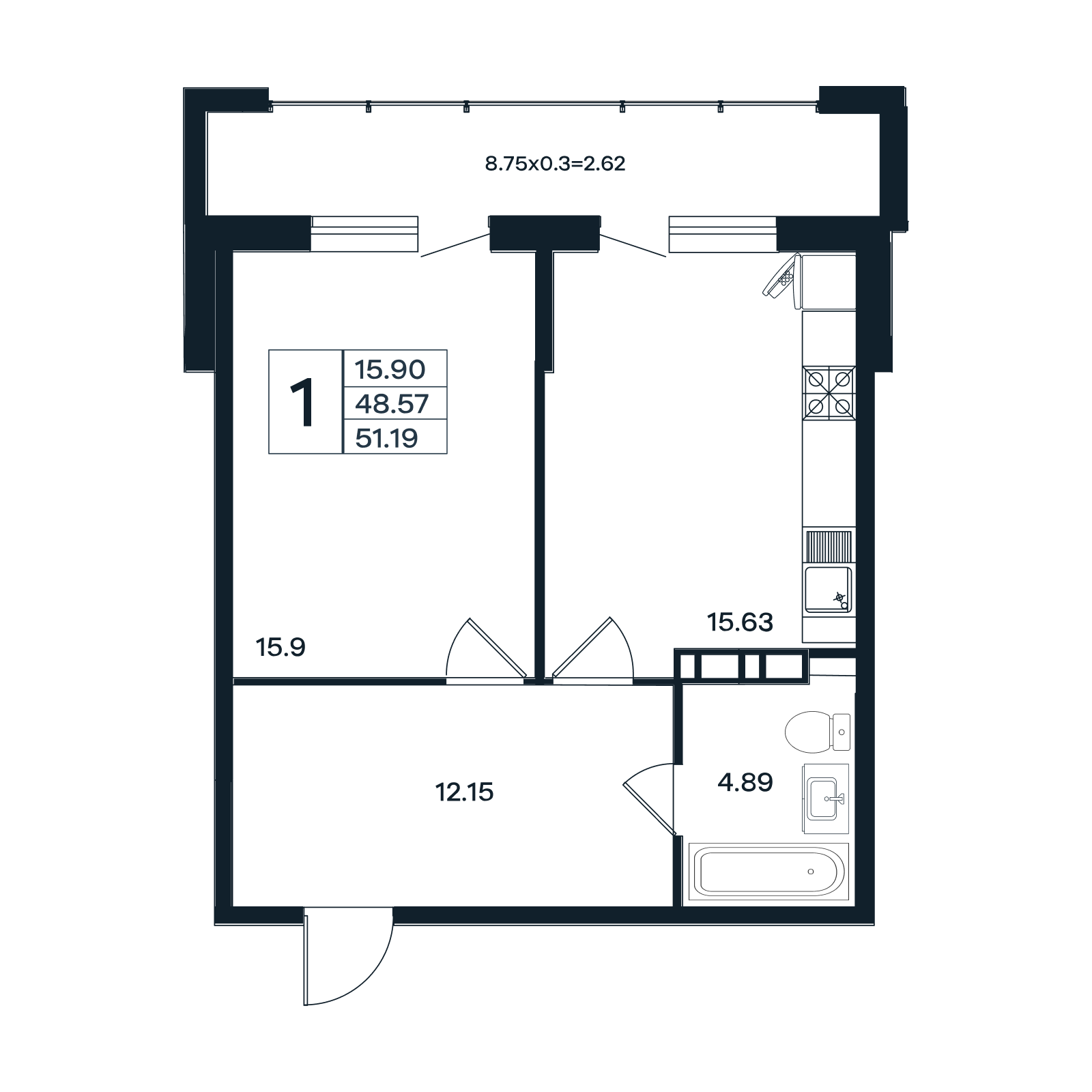 Планировка: 1-комн. квартира 51,2 м²