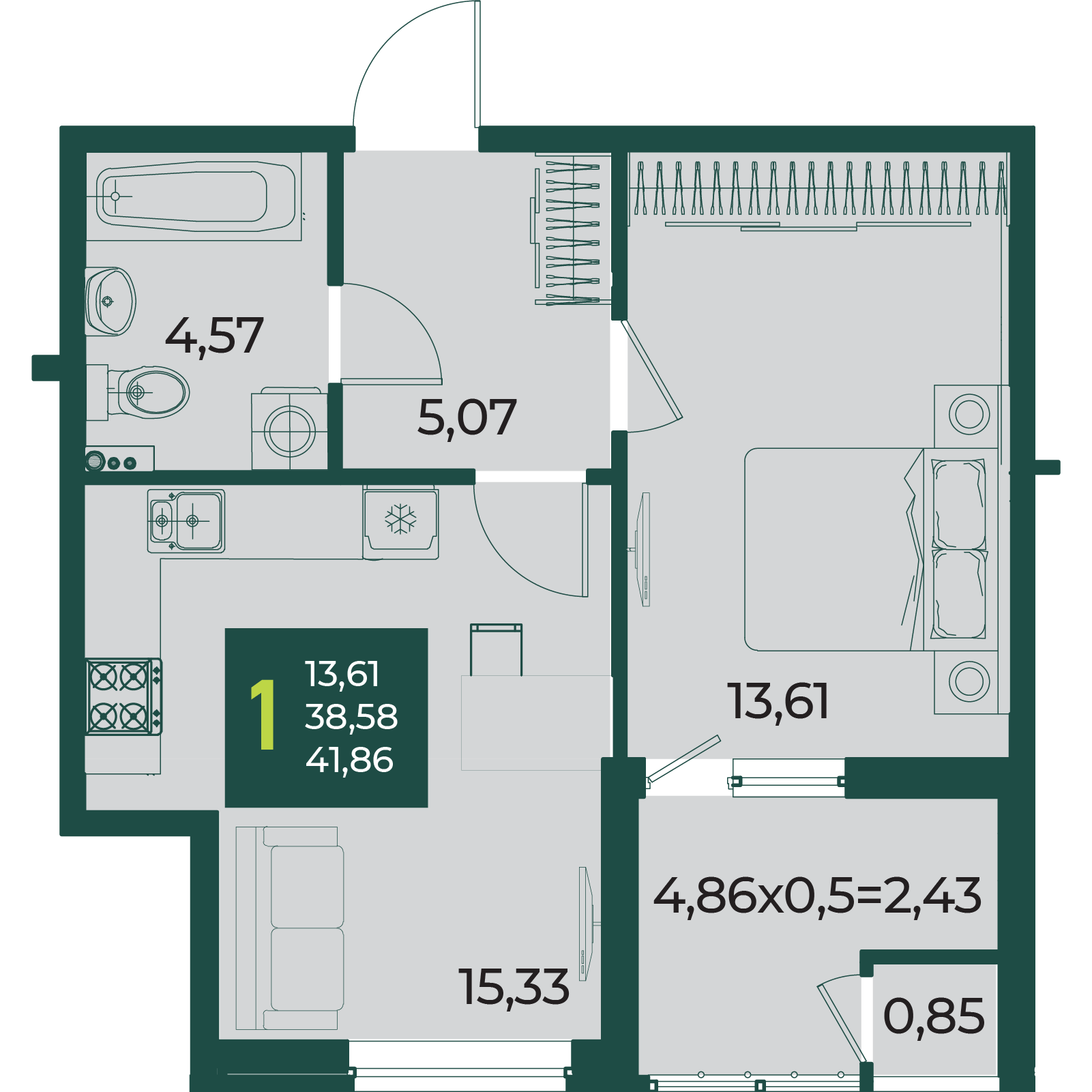 Планировка: 1-комн. квартира 41,9 м²