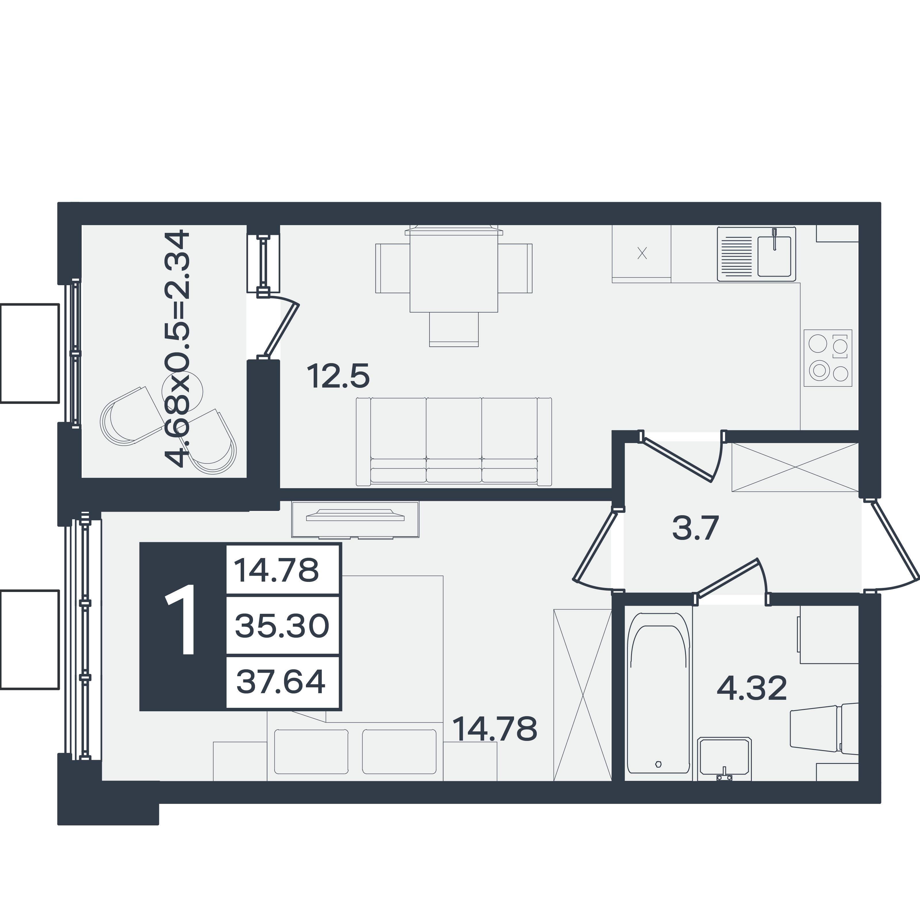 Планировка: 1-комн. квартира 37,6 м²