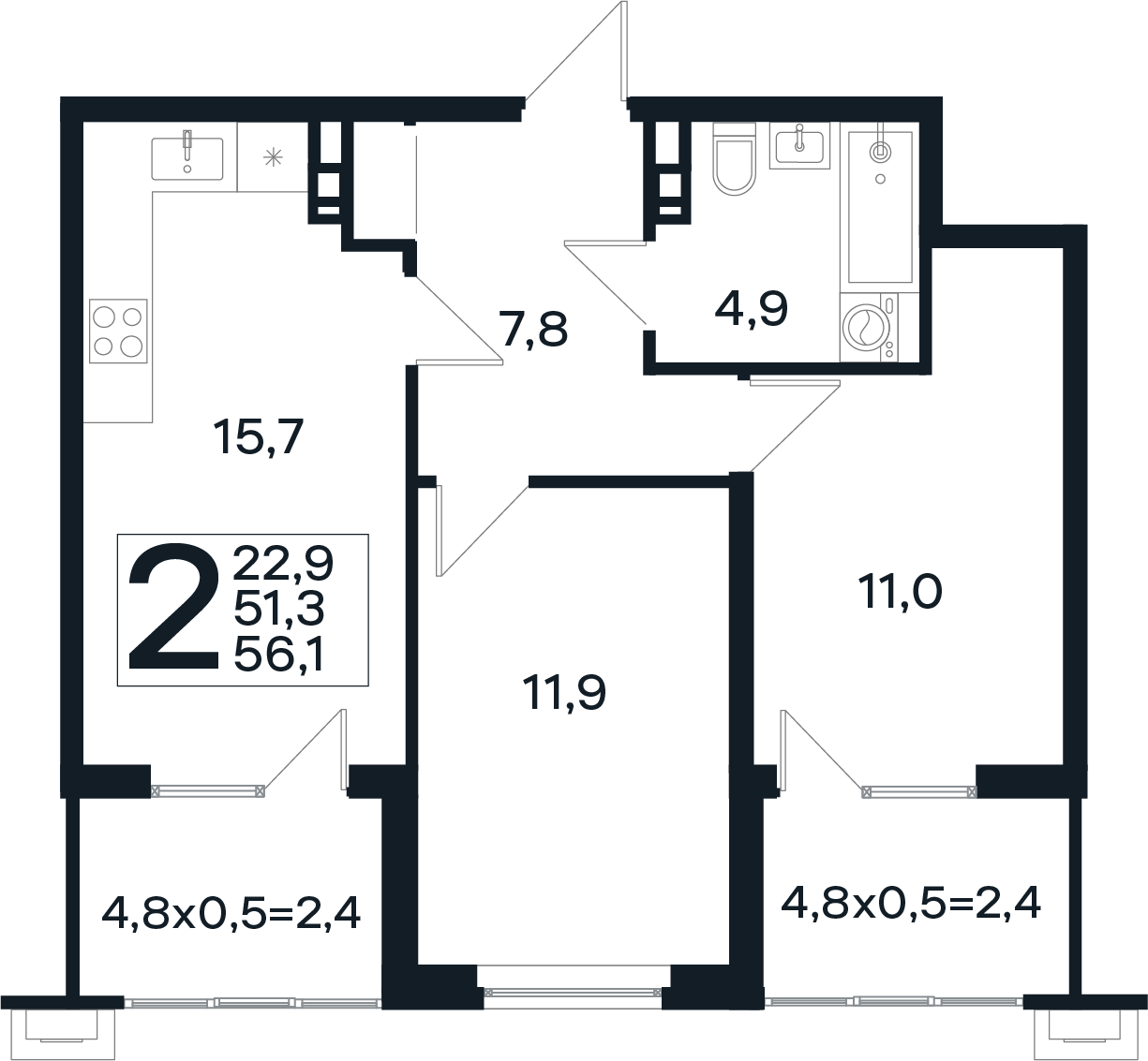 Планировка 2-комнатная 56,1 м²