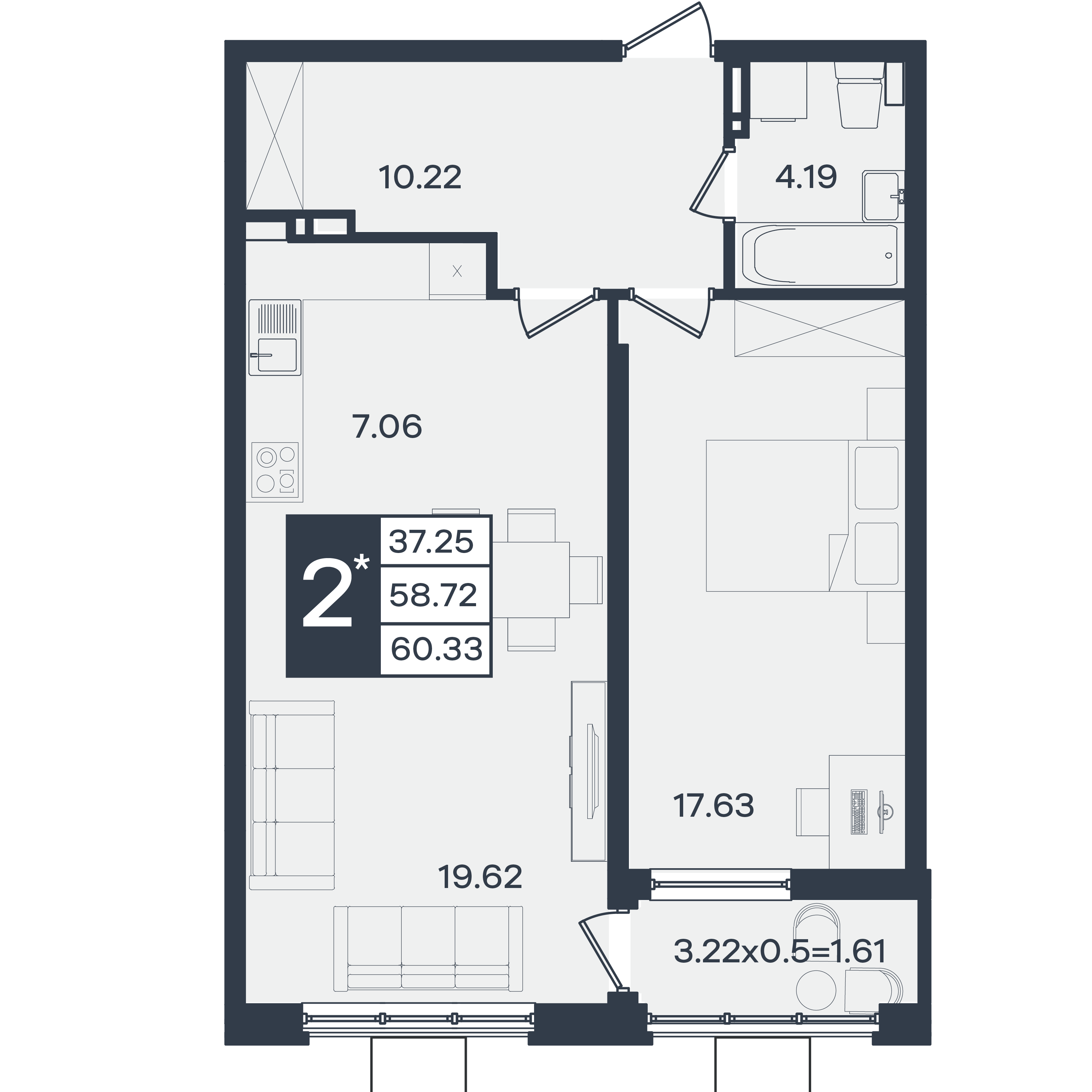 Планировка: 2-комн. квартира 60,3 м²