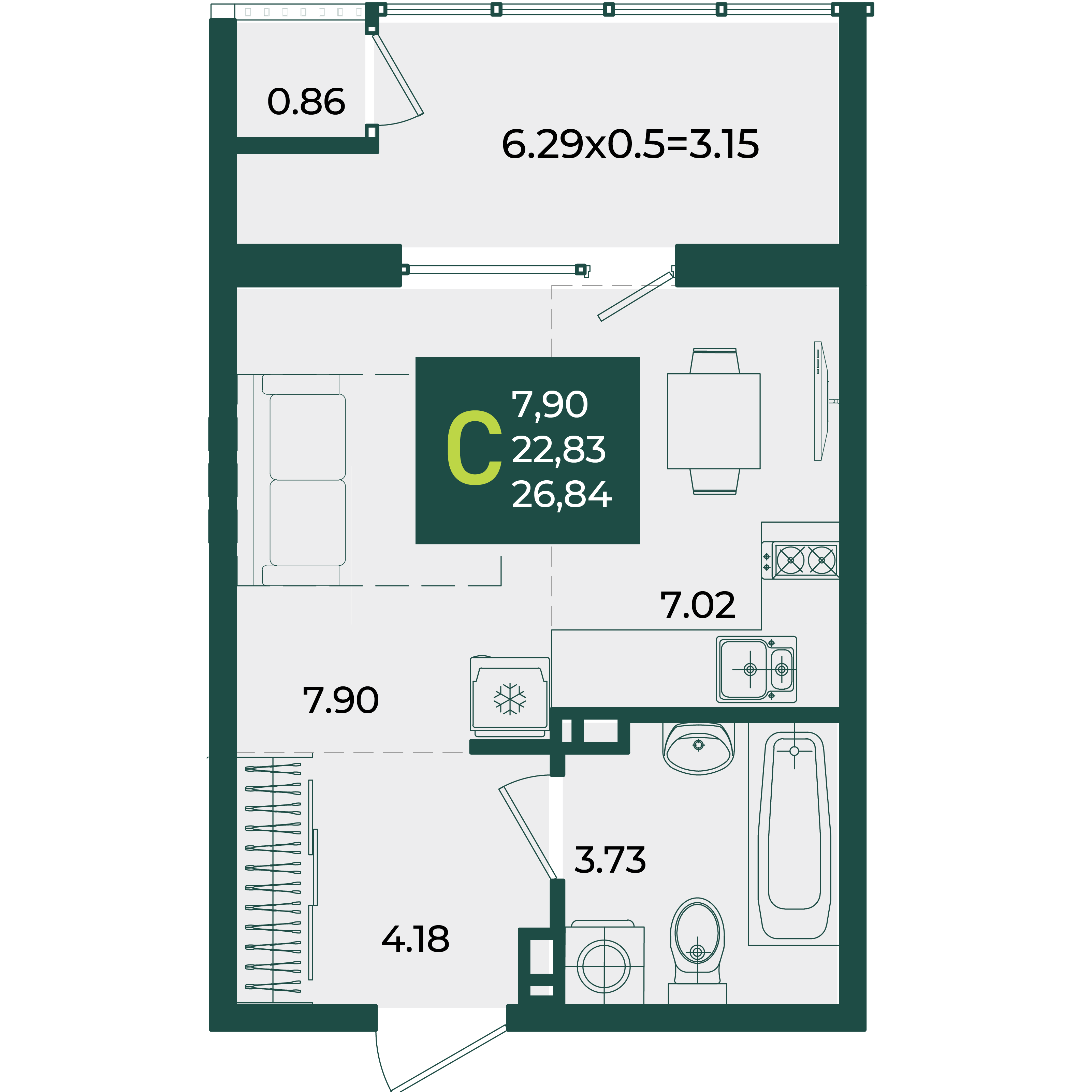 Планировка: Студия 26,8 м²