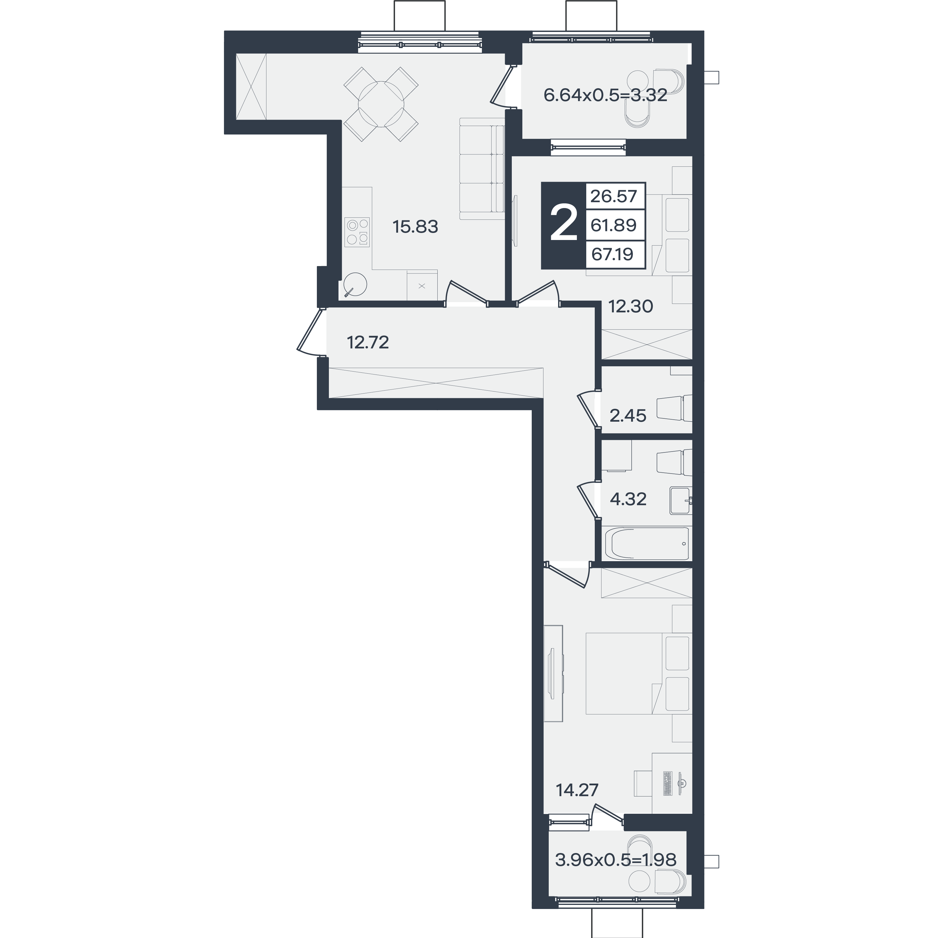 Планировка: 2-комн. квартира 67,2 м²