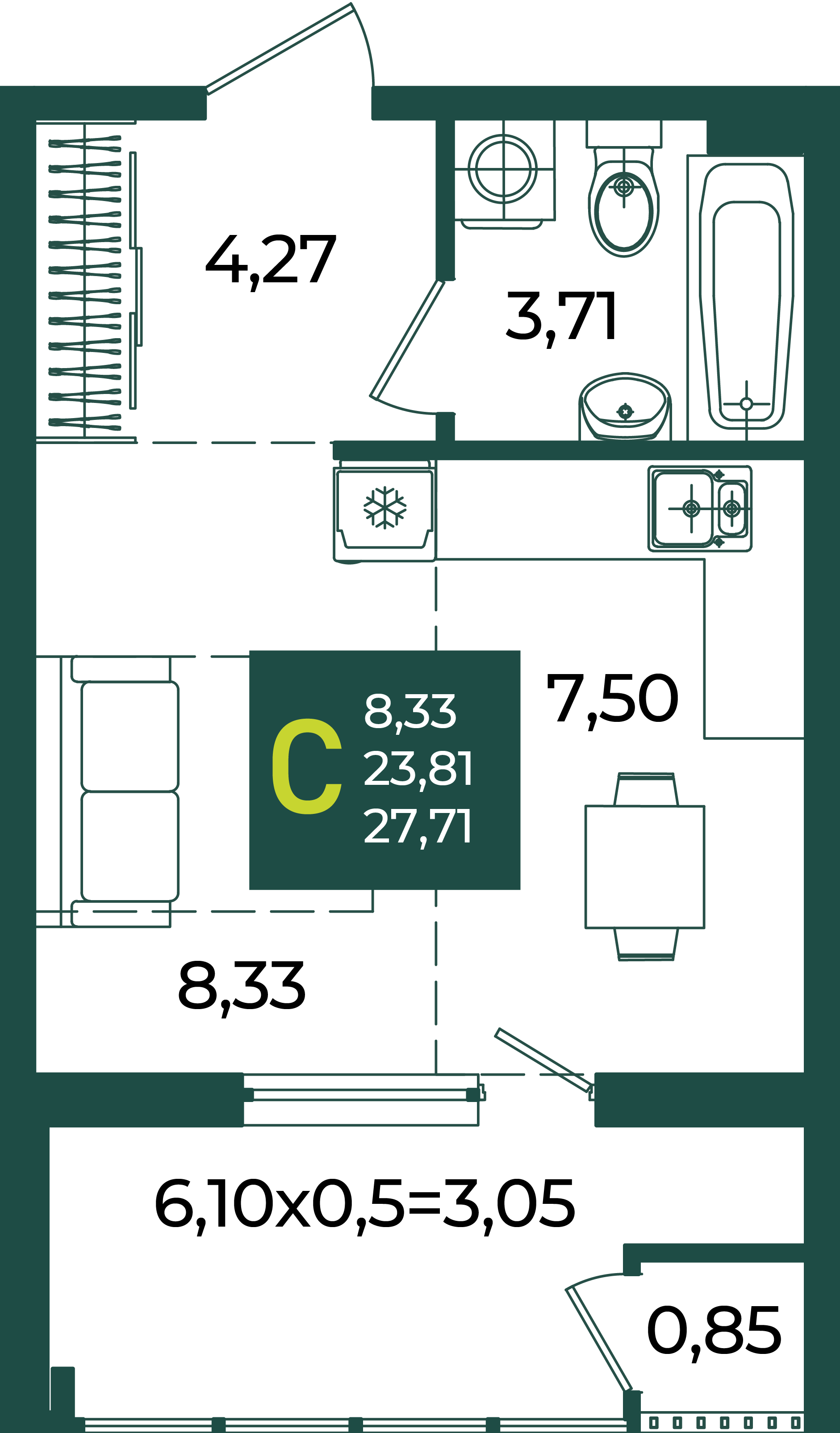 Планировка Студия 27,71 м²