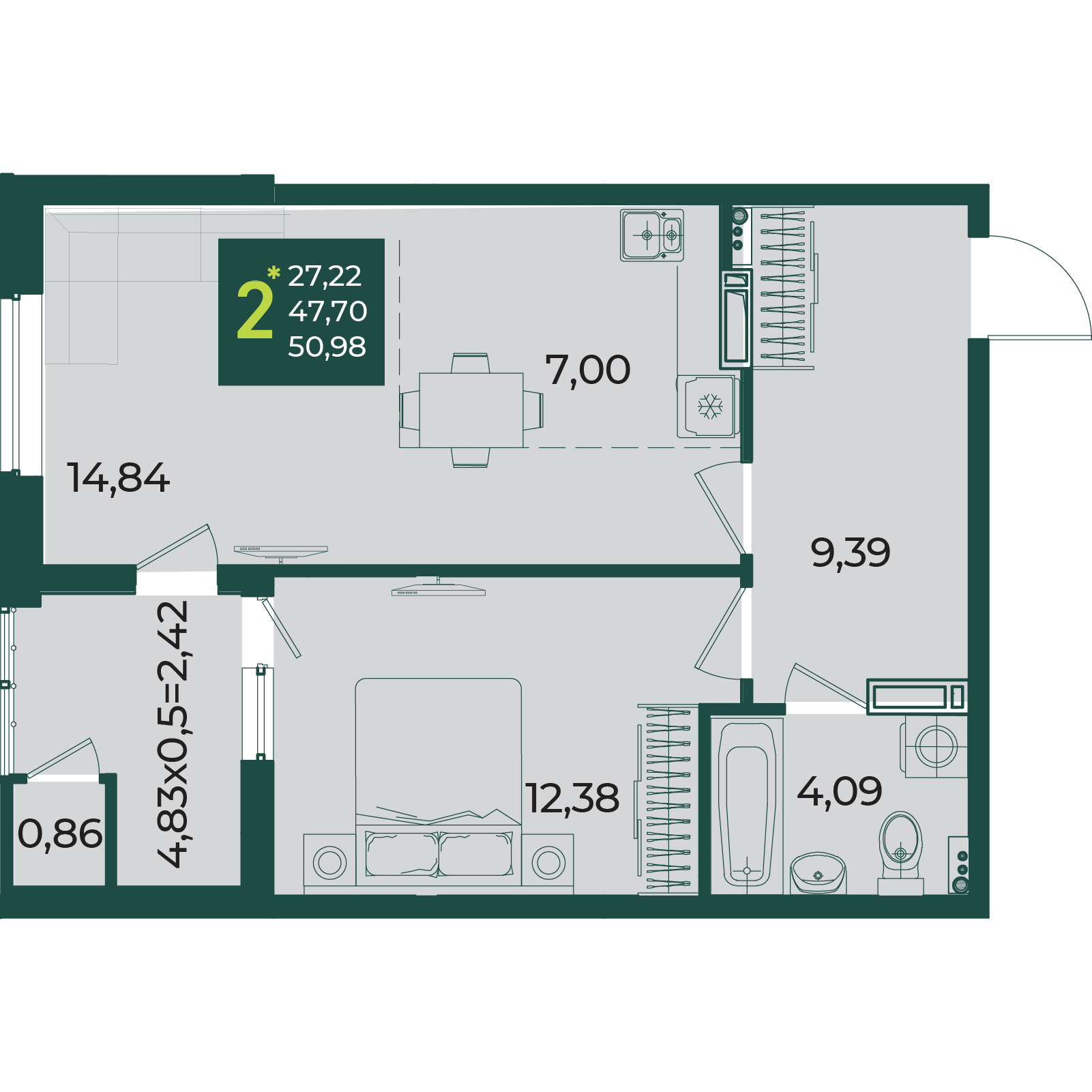 Планировка: 2-комн. квартира 51 м²