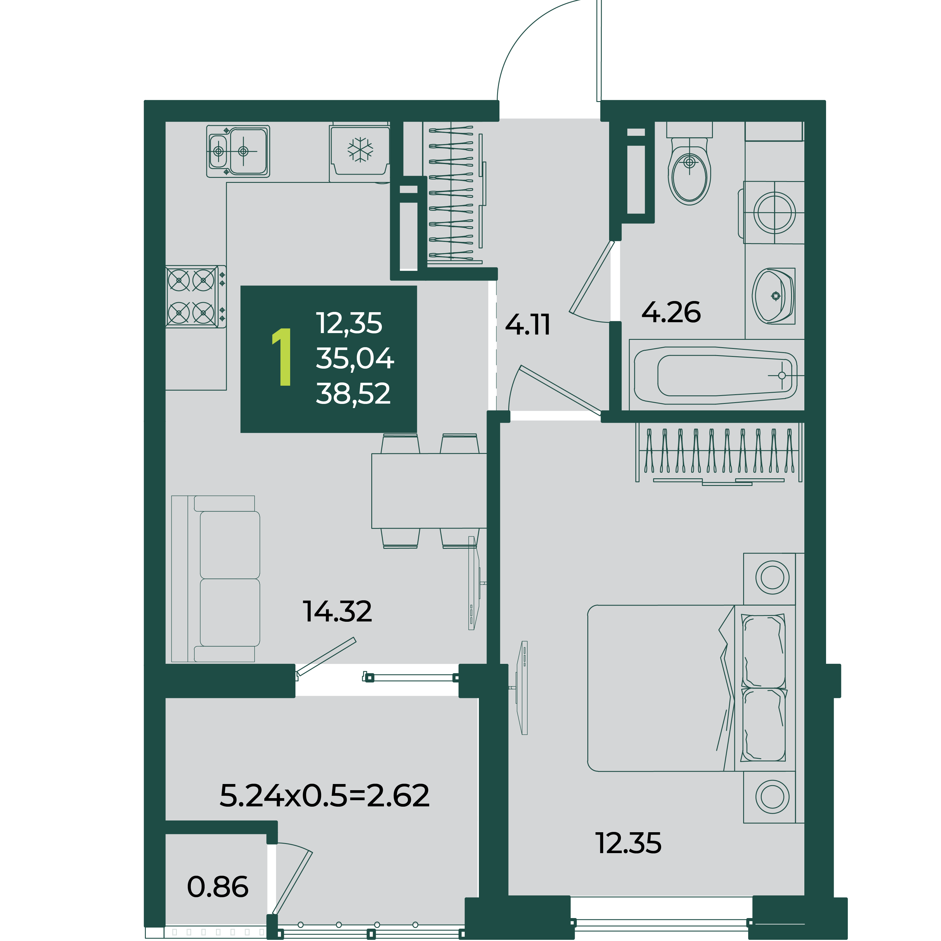 Планировка: 1-комн. квартира 38,5 м²