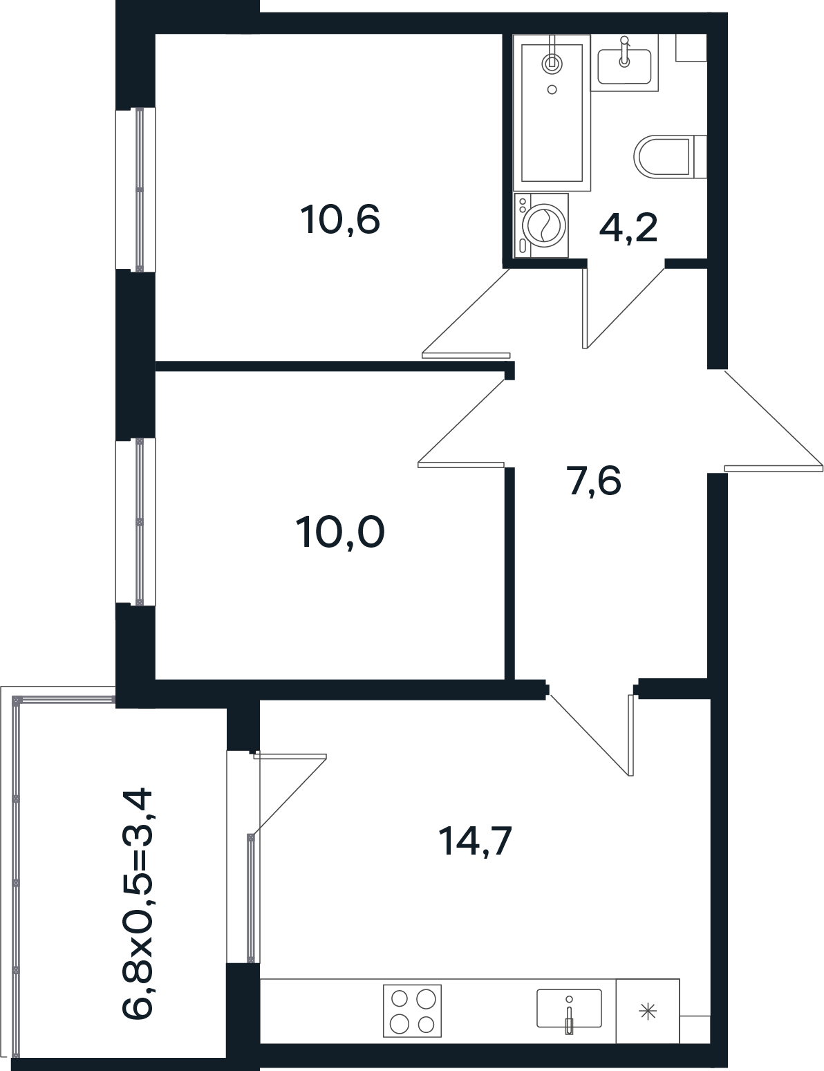 Планировка 2-комнатная 50,5 м²