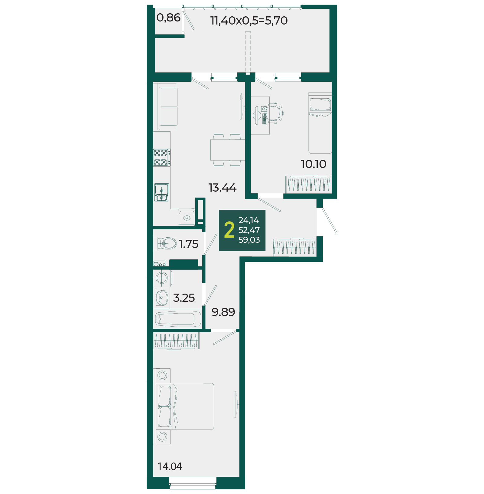 Планировка: 2-комн. квартира 59 м²