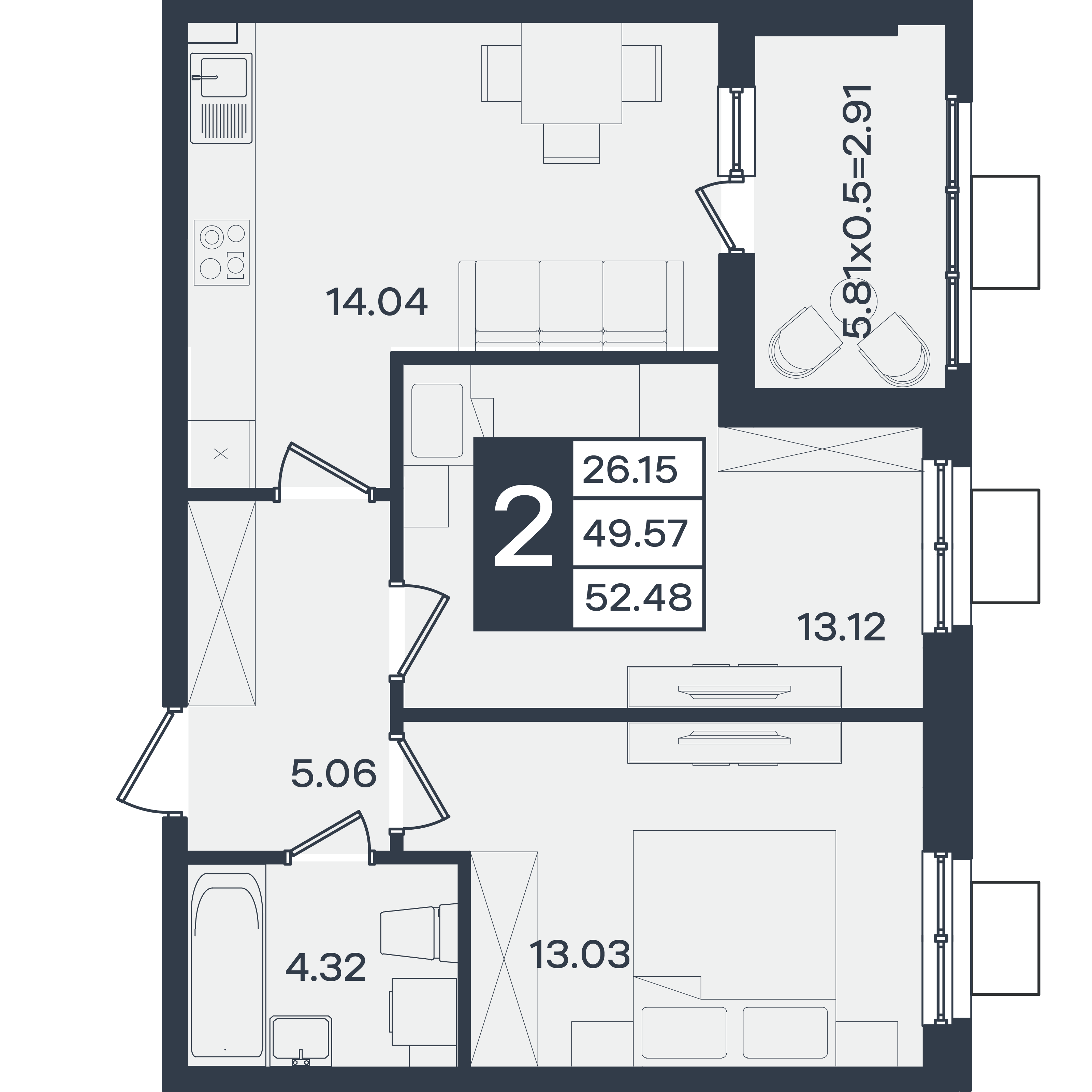 Планировка: 2-комн. квартира 52,5 м²