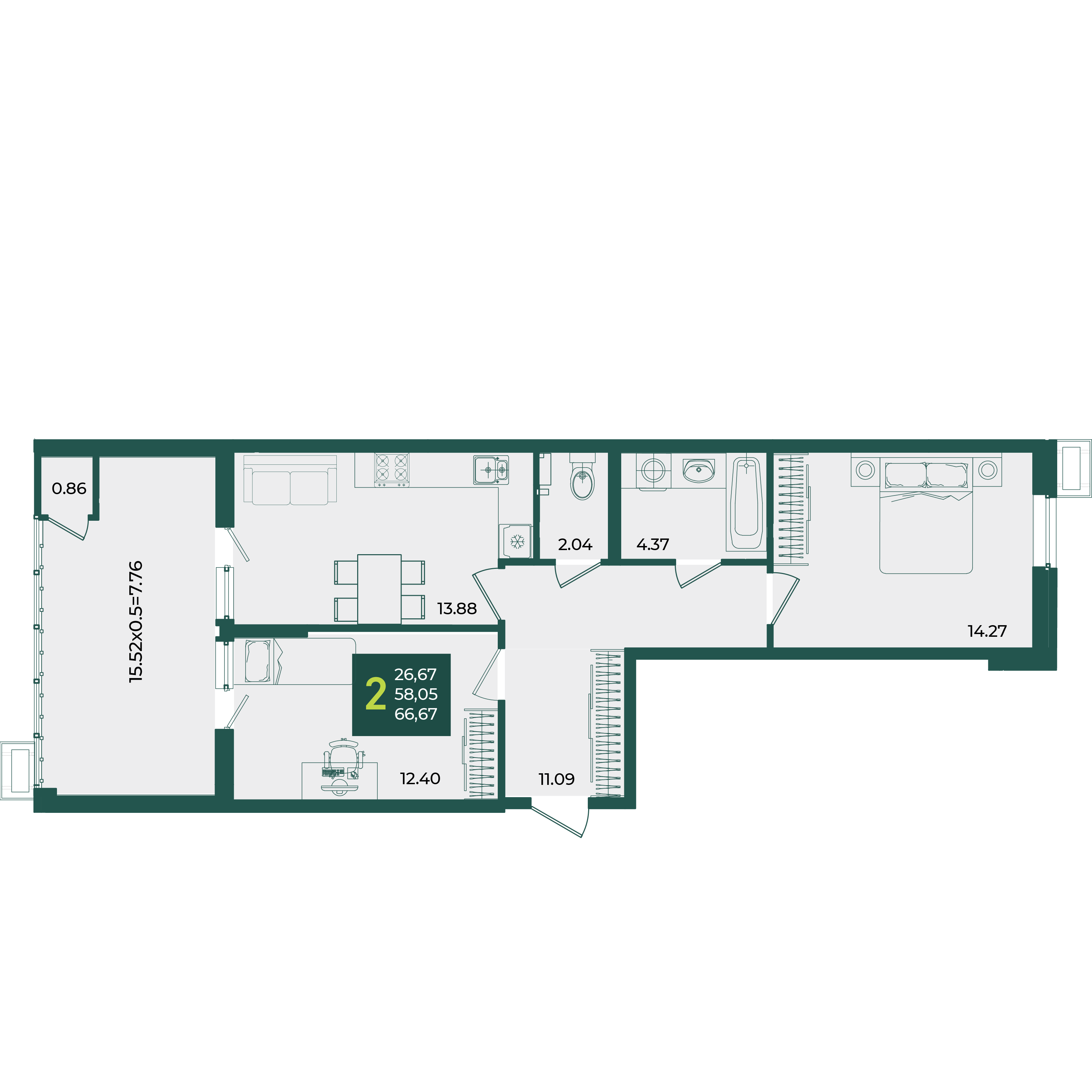 Планировка: 2-комн. квартира 66,7 м²