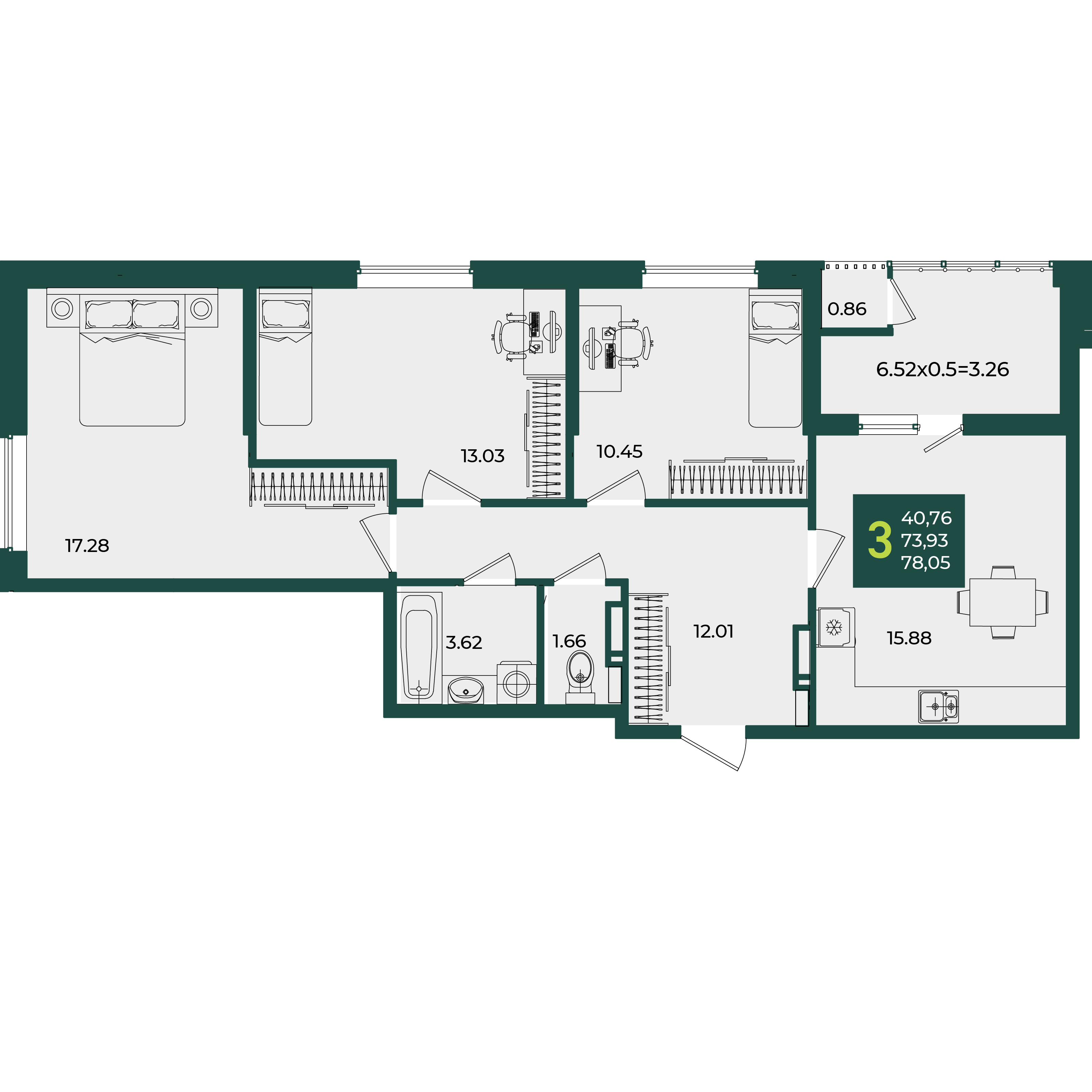 Планировка: 3-комн. квартира 78,1 м²