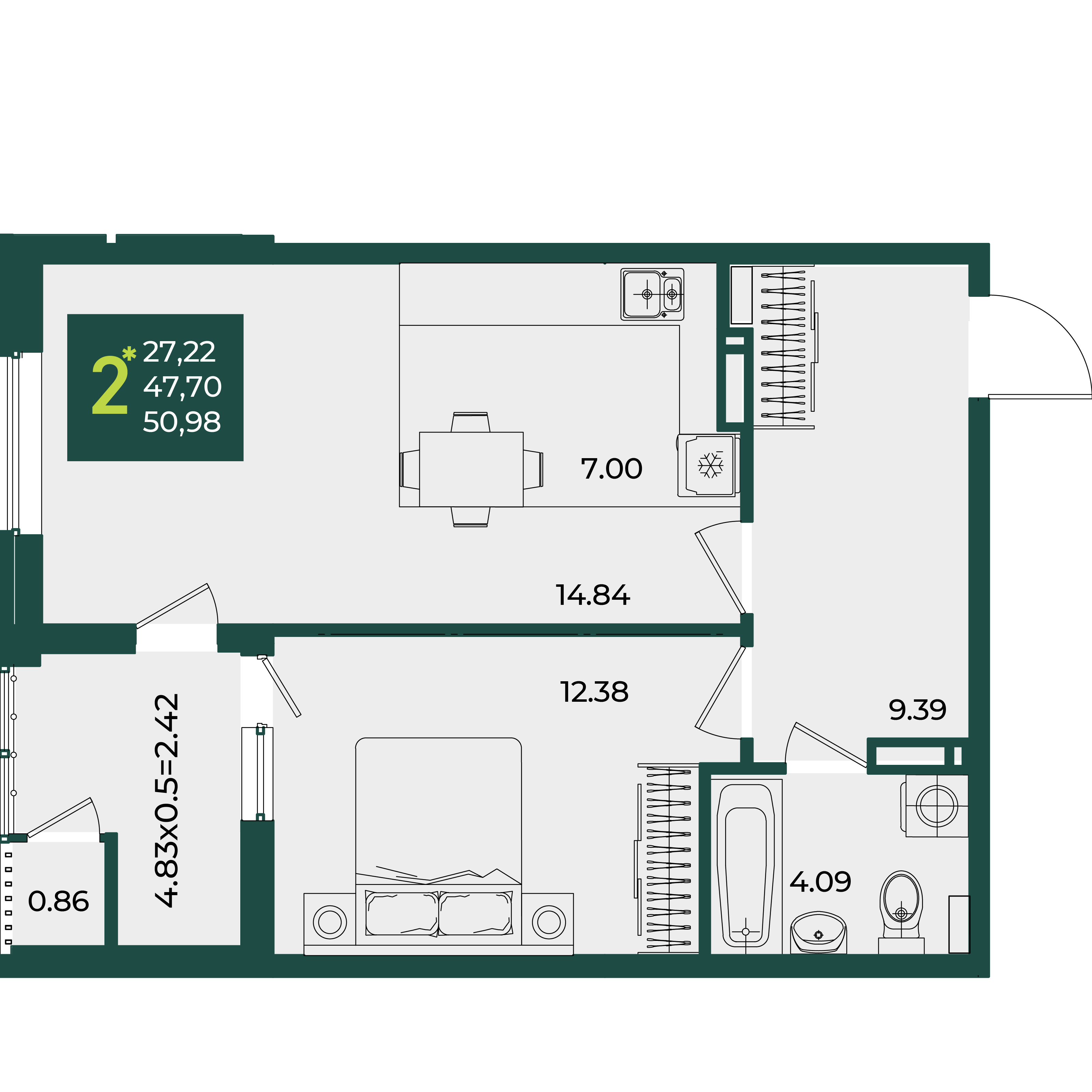 Планировка 2-комнатная 50,98 м²