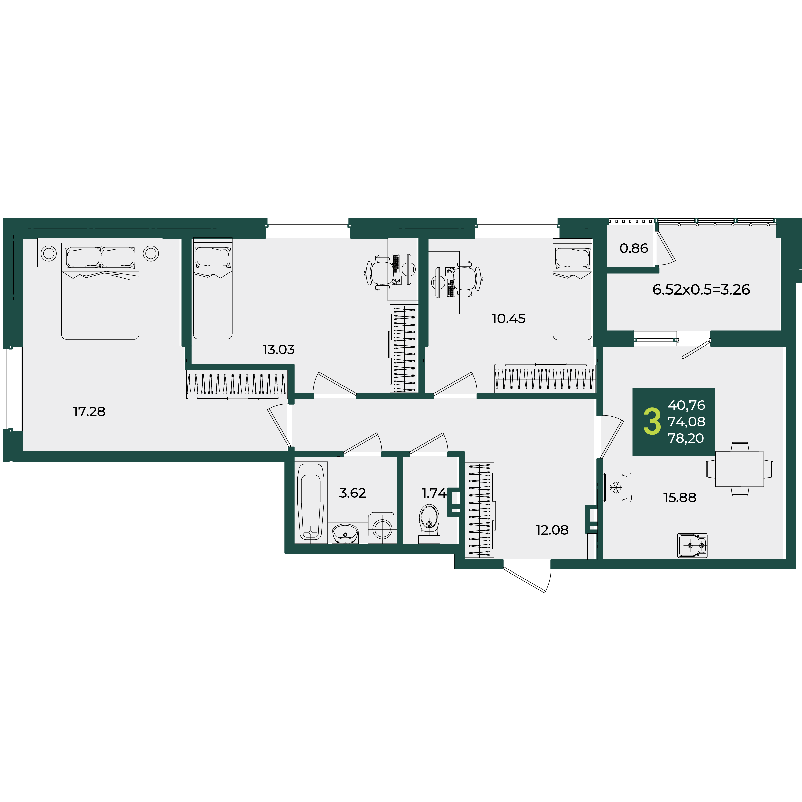 Планировка: 3-комн. квартира 78,2 м²