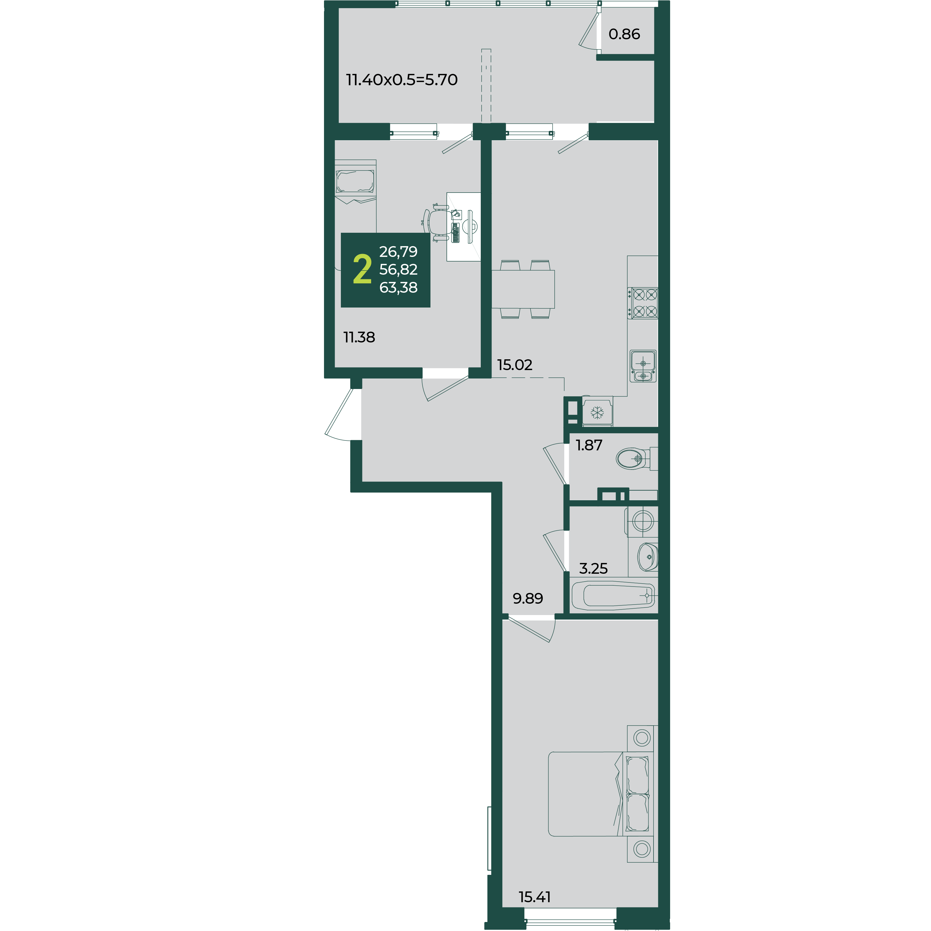 Планировка 2-комнатная 63,38 м²
