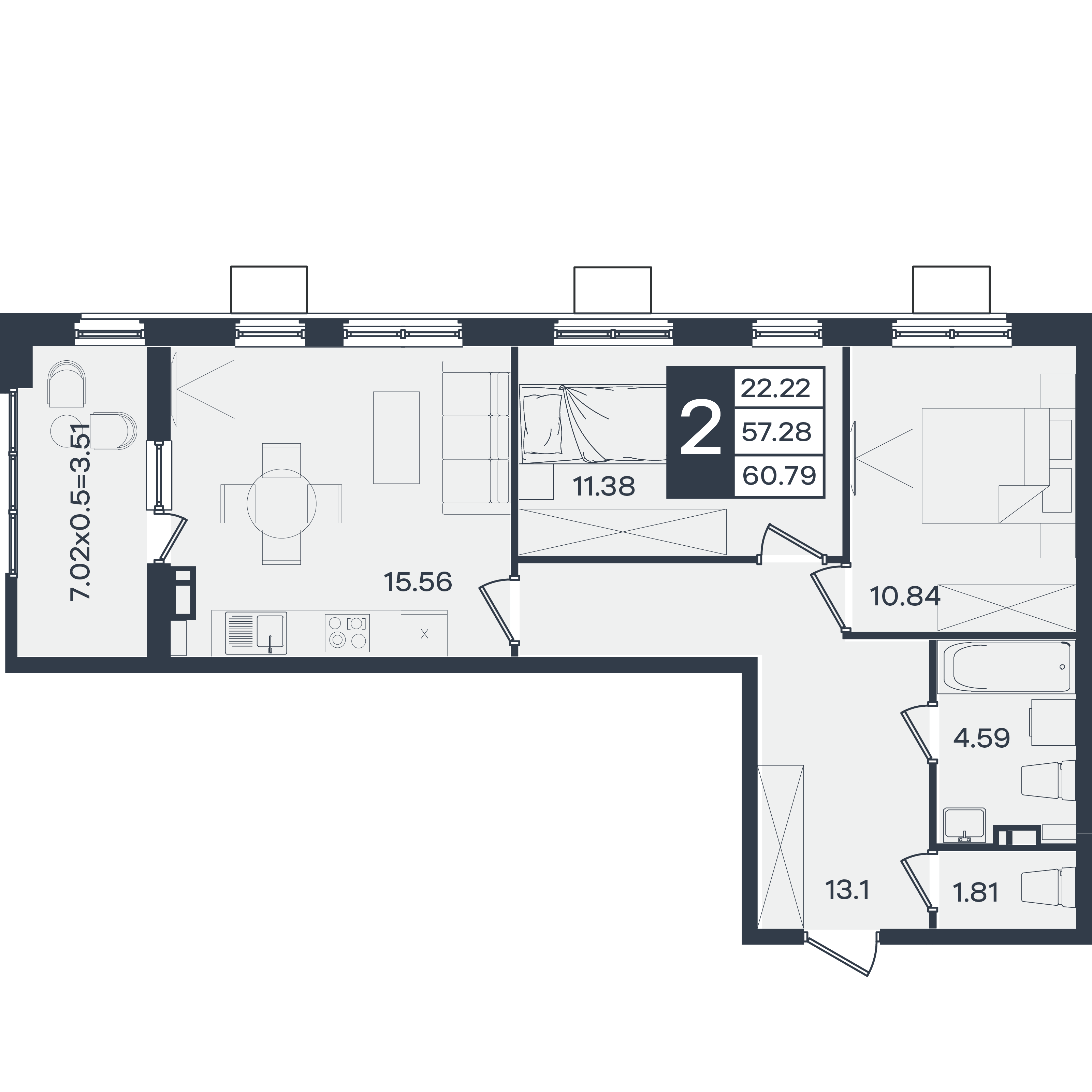 Планировка: 2-комн. квартира 60,8 м²