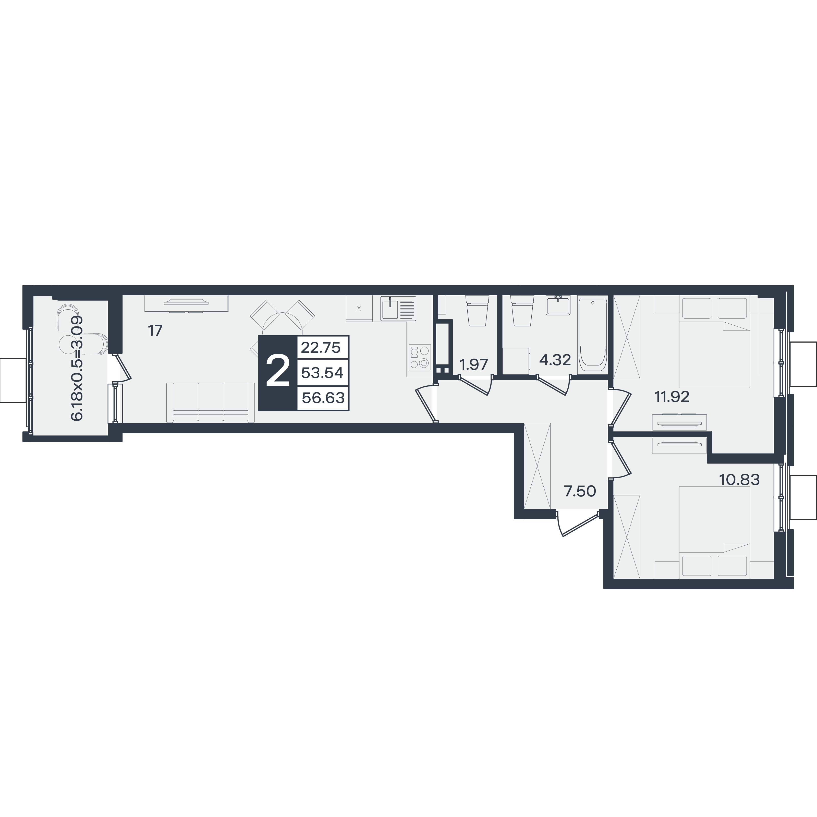 Планировка 2-комнатная 56,63 м²