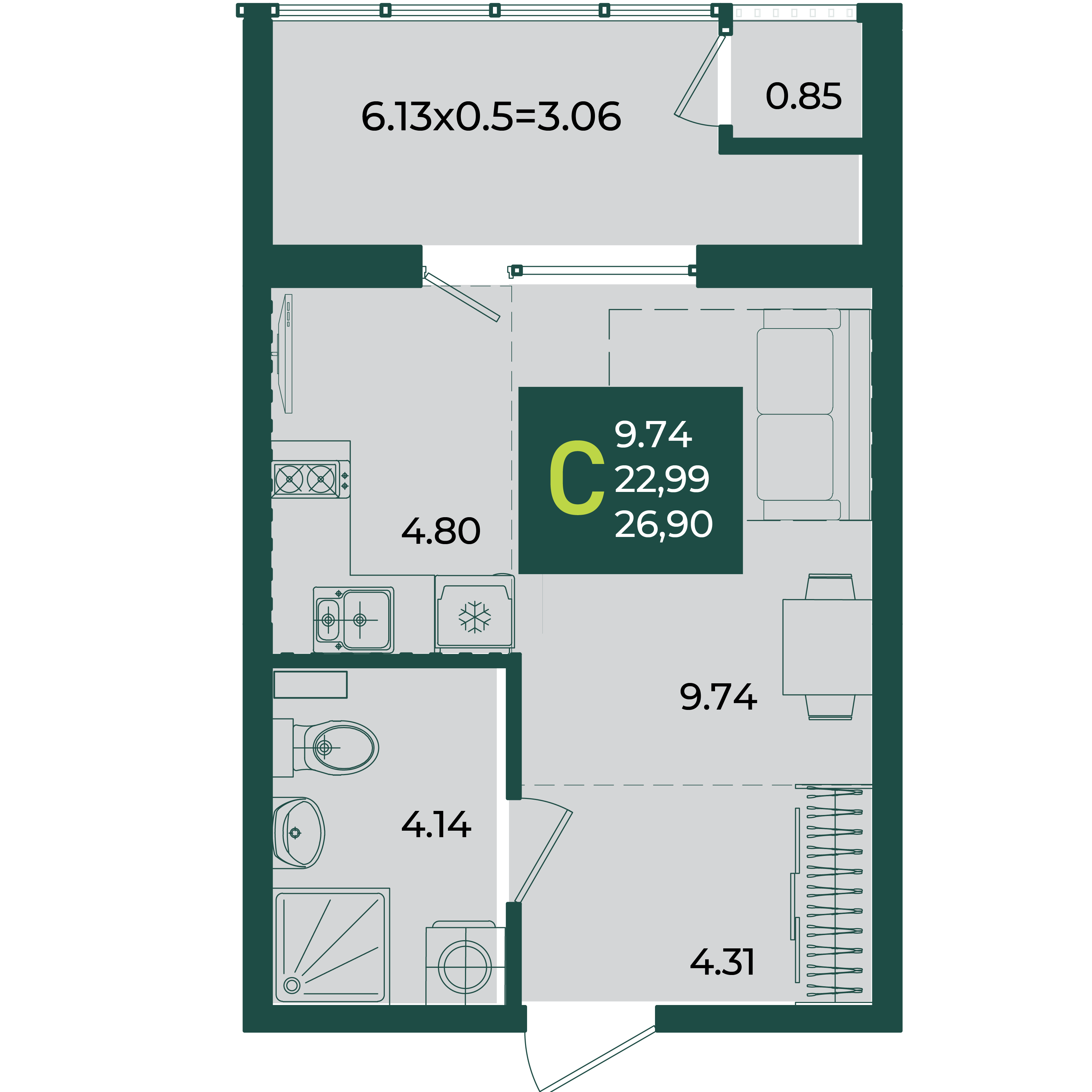 Планировка: Студия 26,9 м²