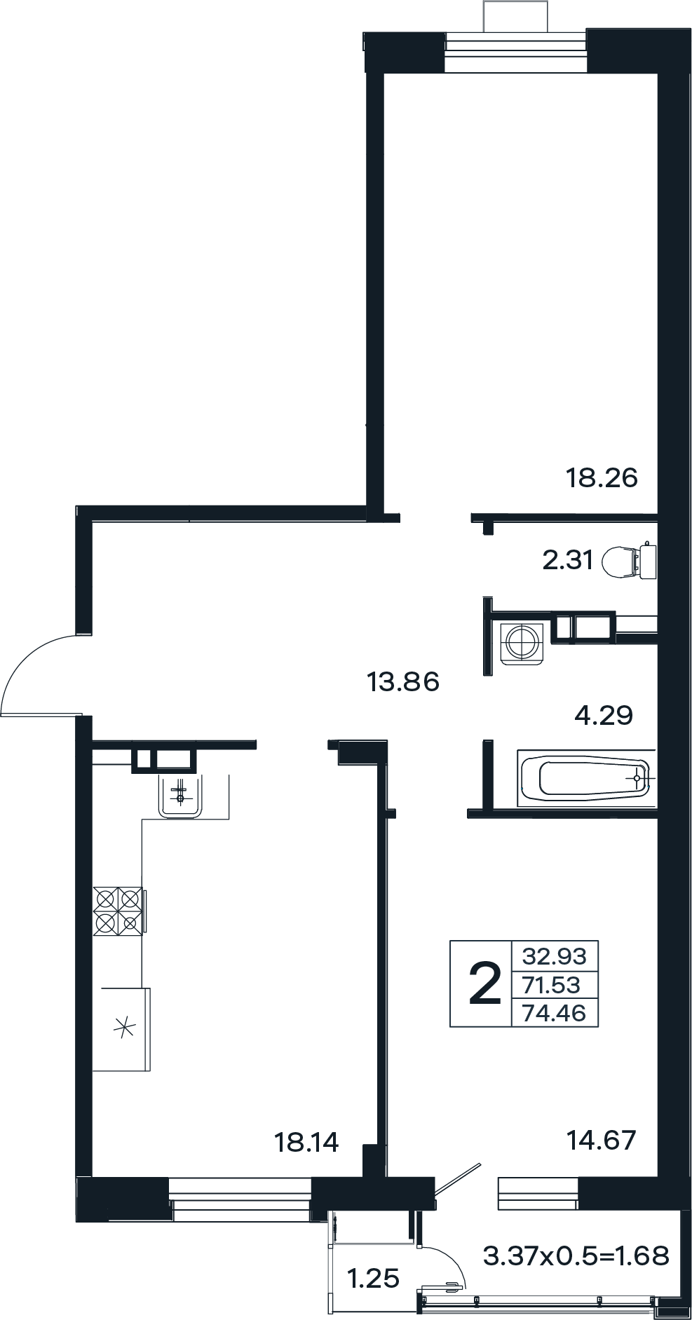 Планировка: 2-комн. квартира 74,5 м²