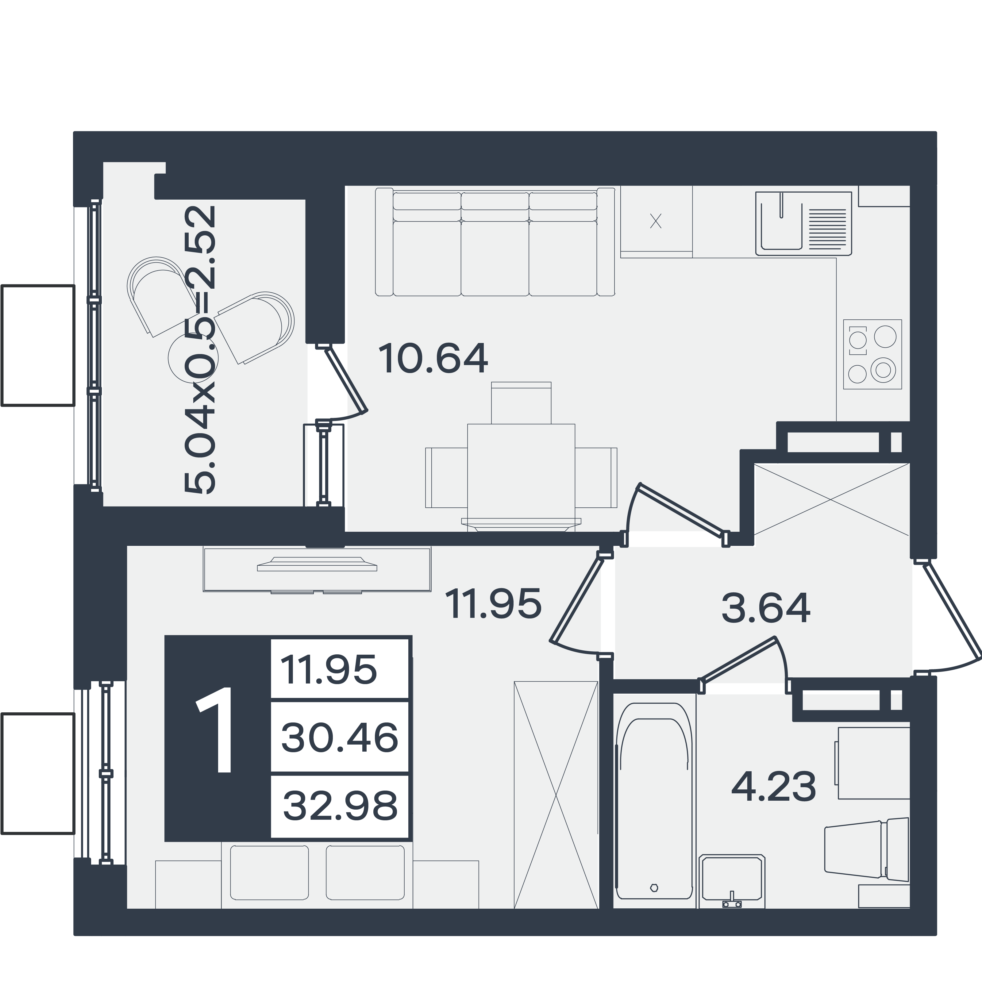 Планировка: 1-комн. квартира 33 м²