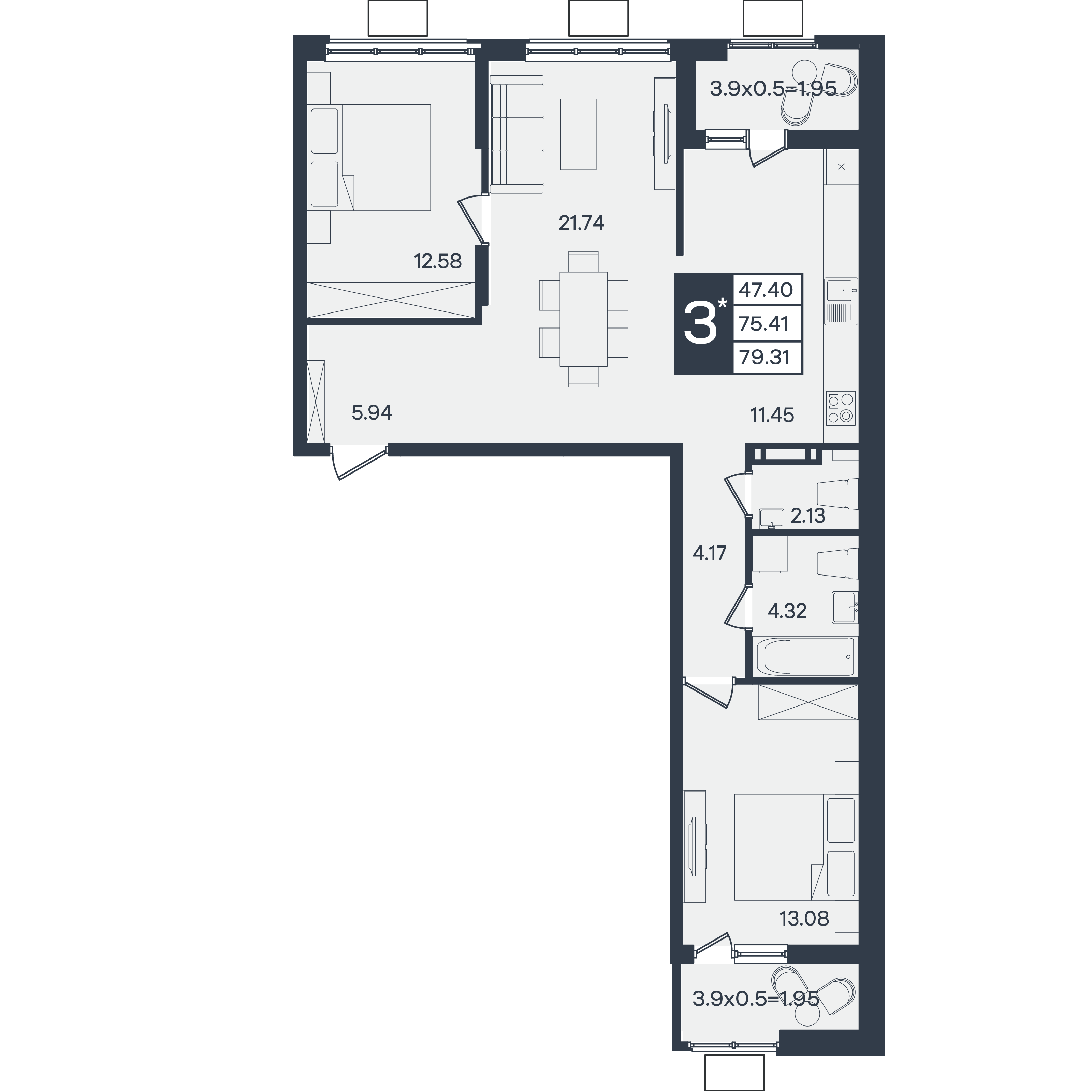 Планировка 3-комнатная 79,31 м²