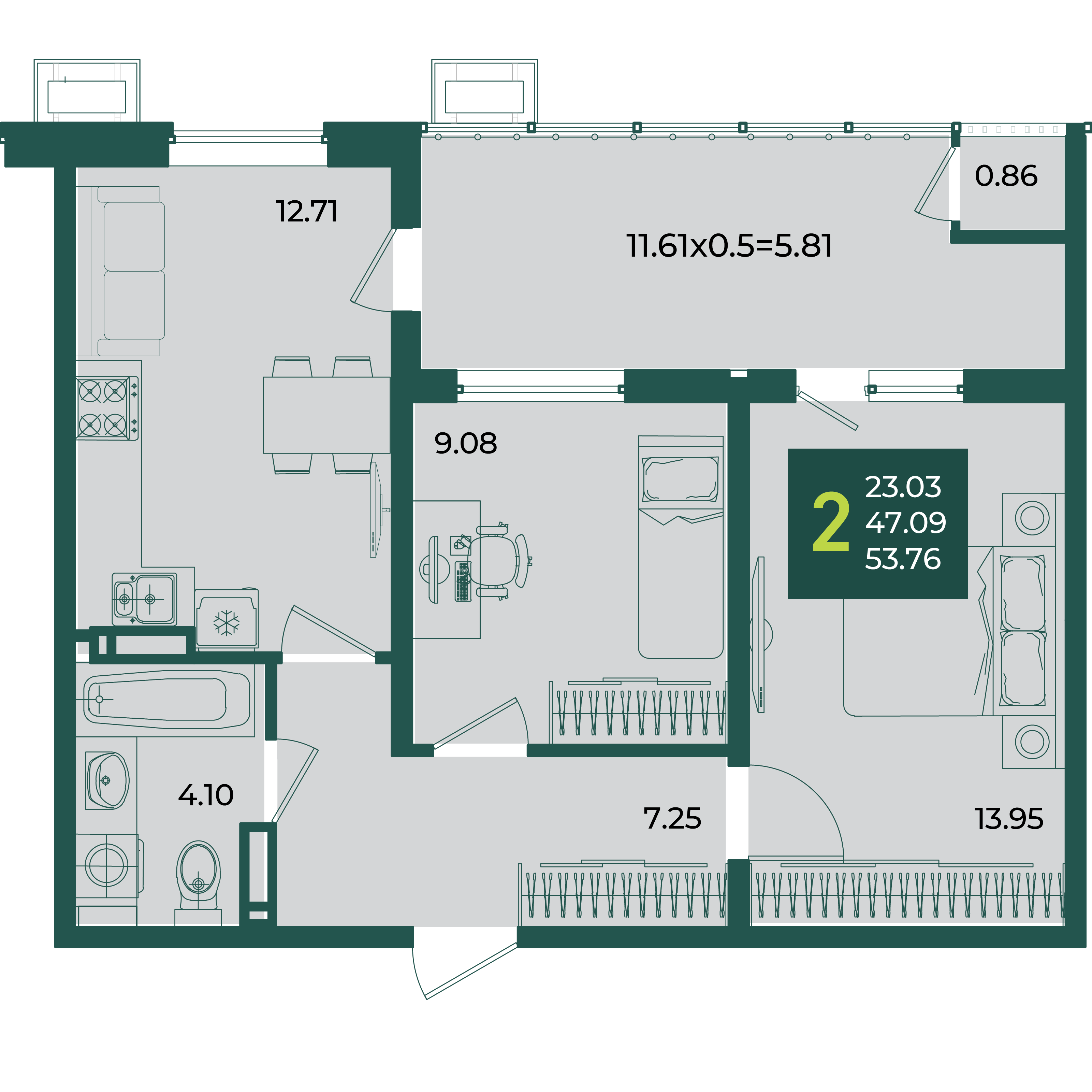 Планировка 2-комнатная 53,76 м²