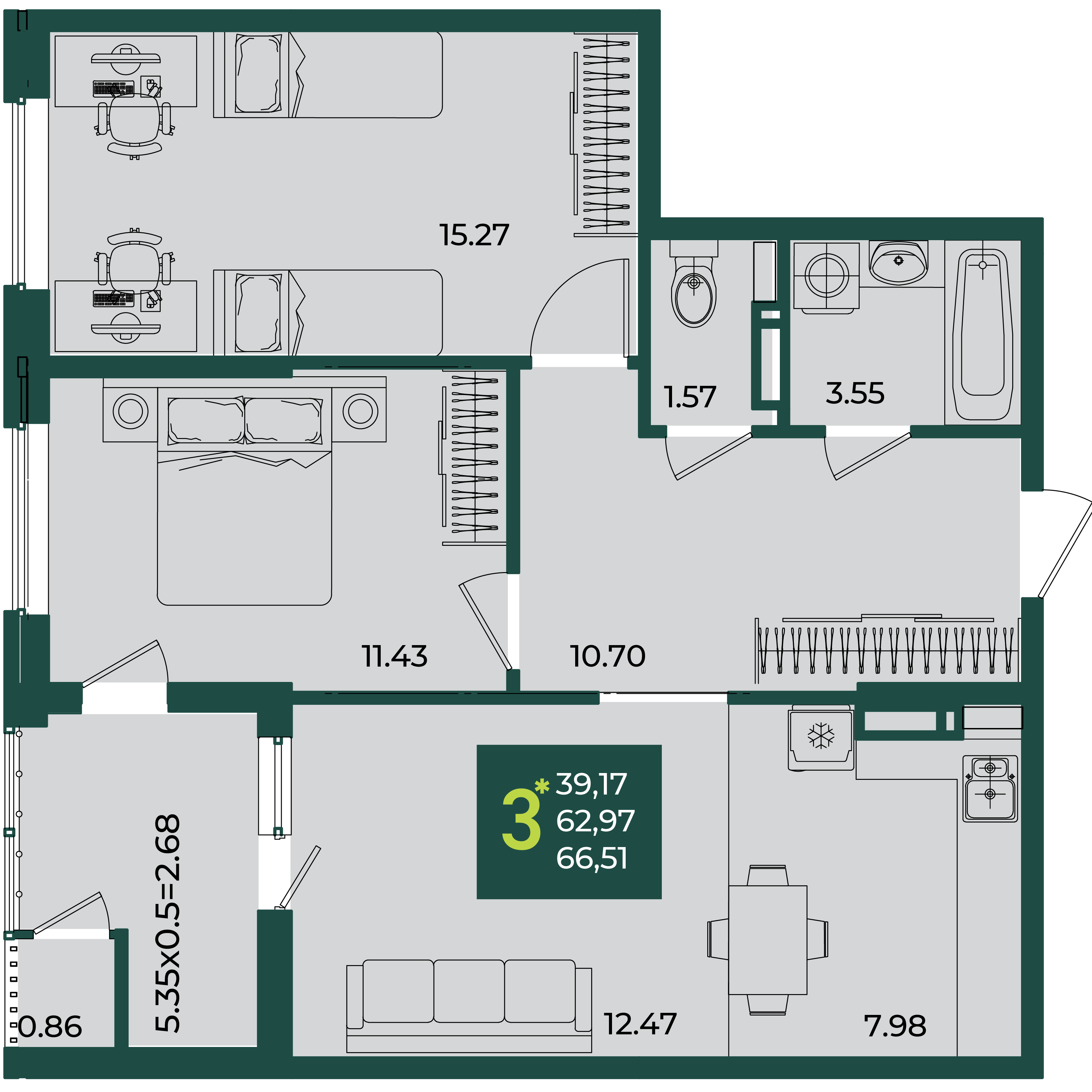 Планировка: 3-комн. квартира 66,5 м²