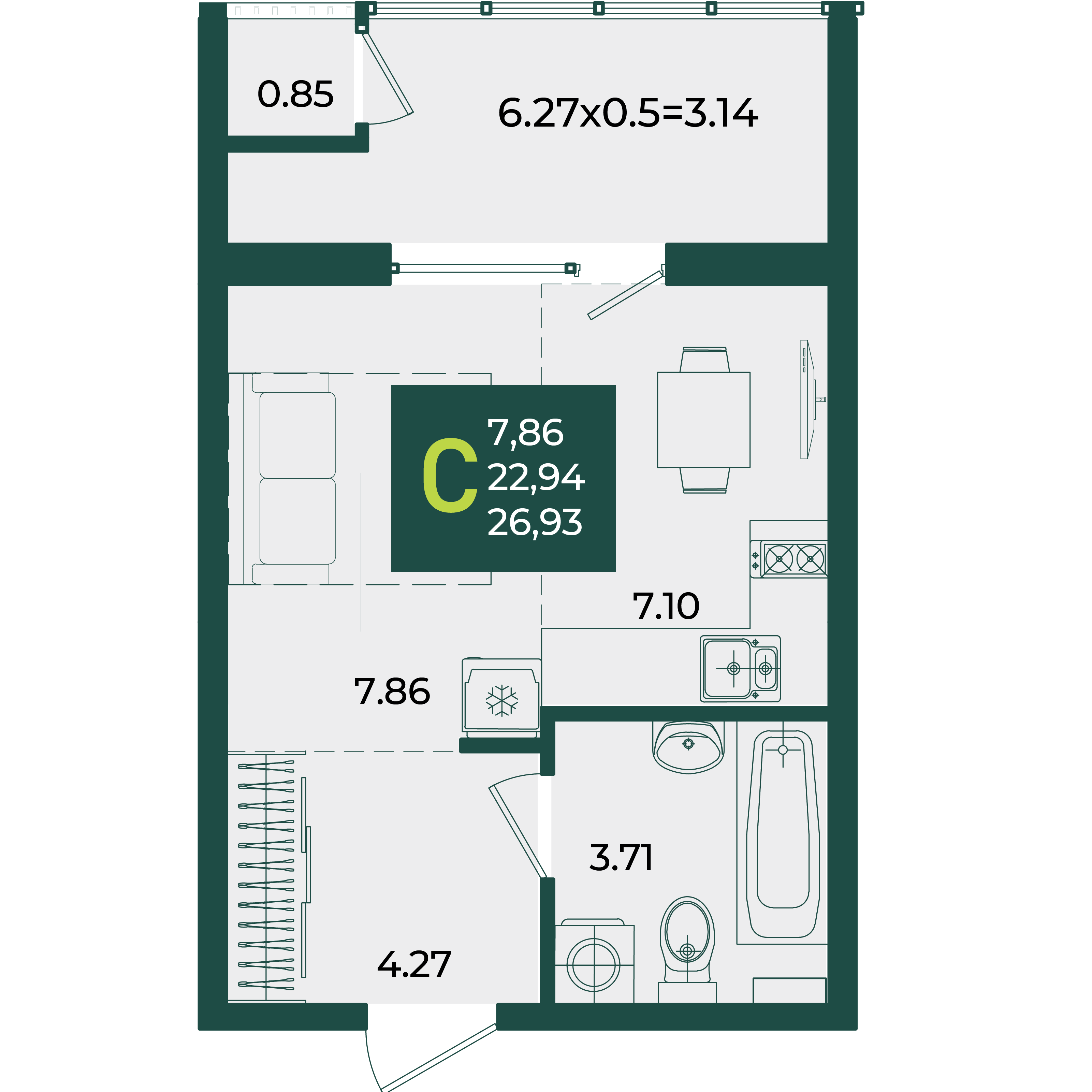 Планировка: Студия 26,9 м²