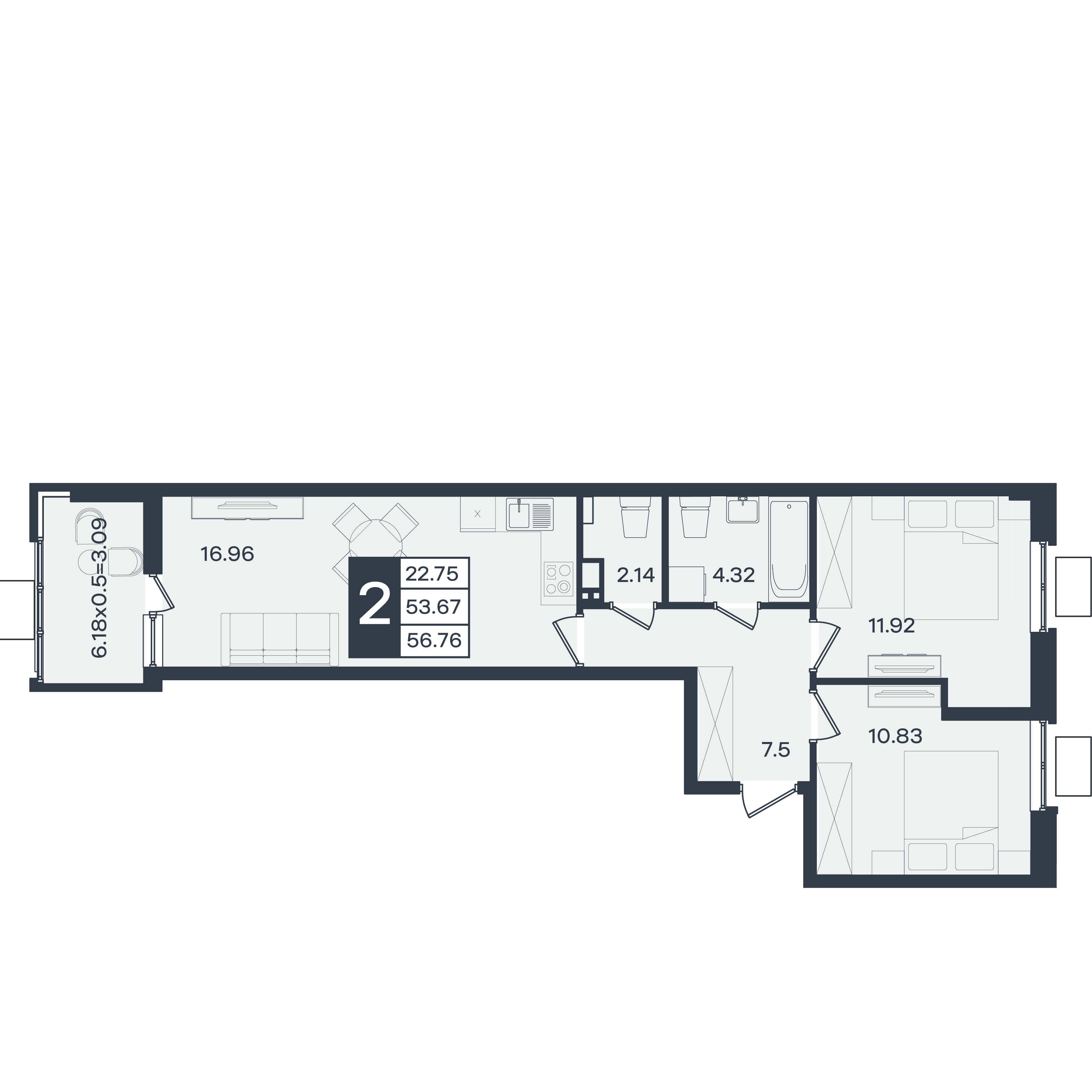 Планировка: 2-комн. квартира 56,8 м²
