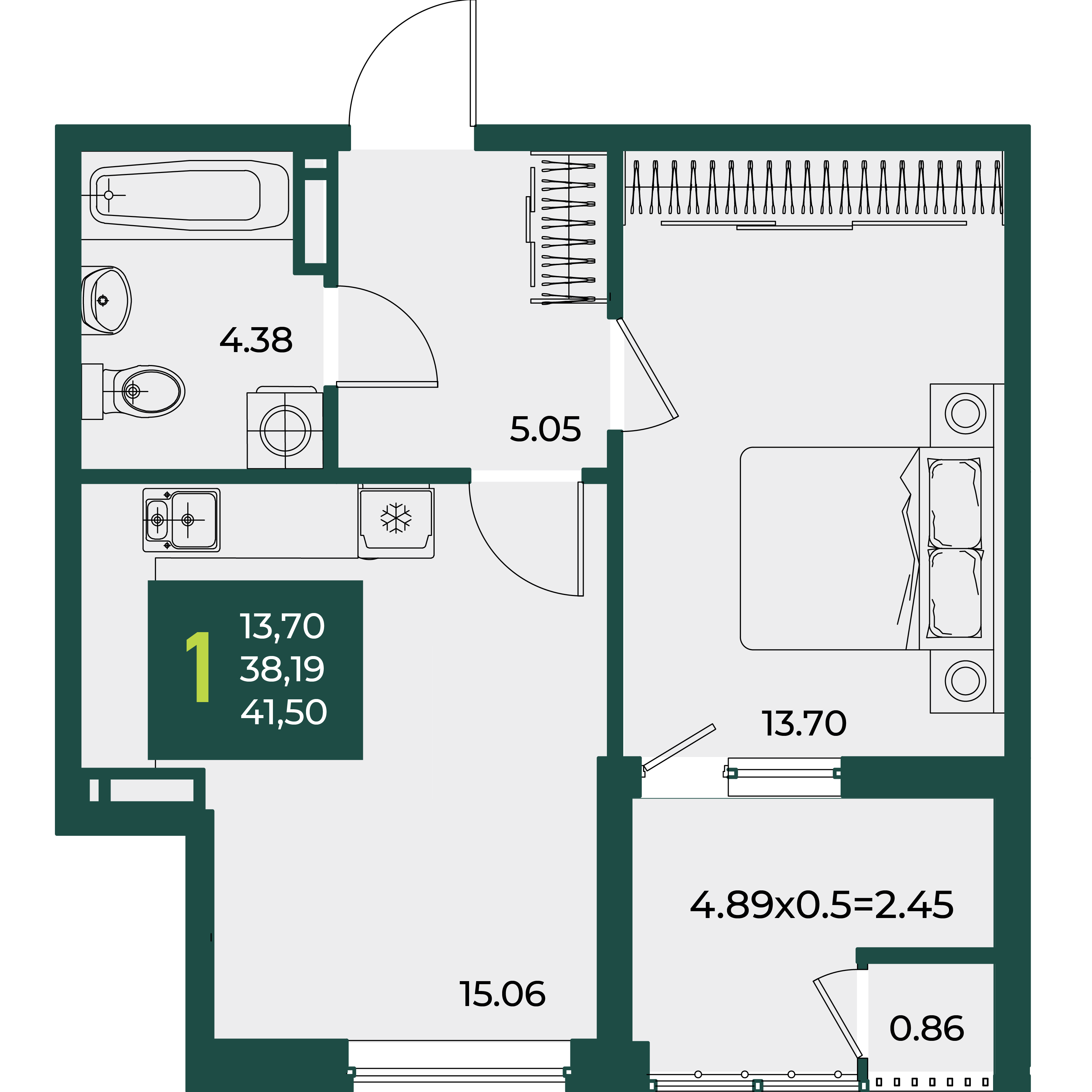 Планировка: 1-комн. квартира 41,5 м²