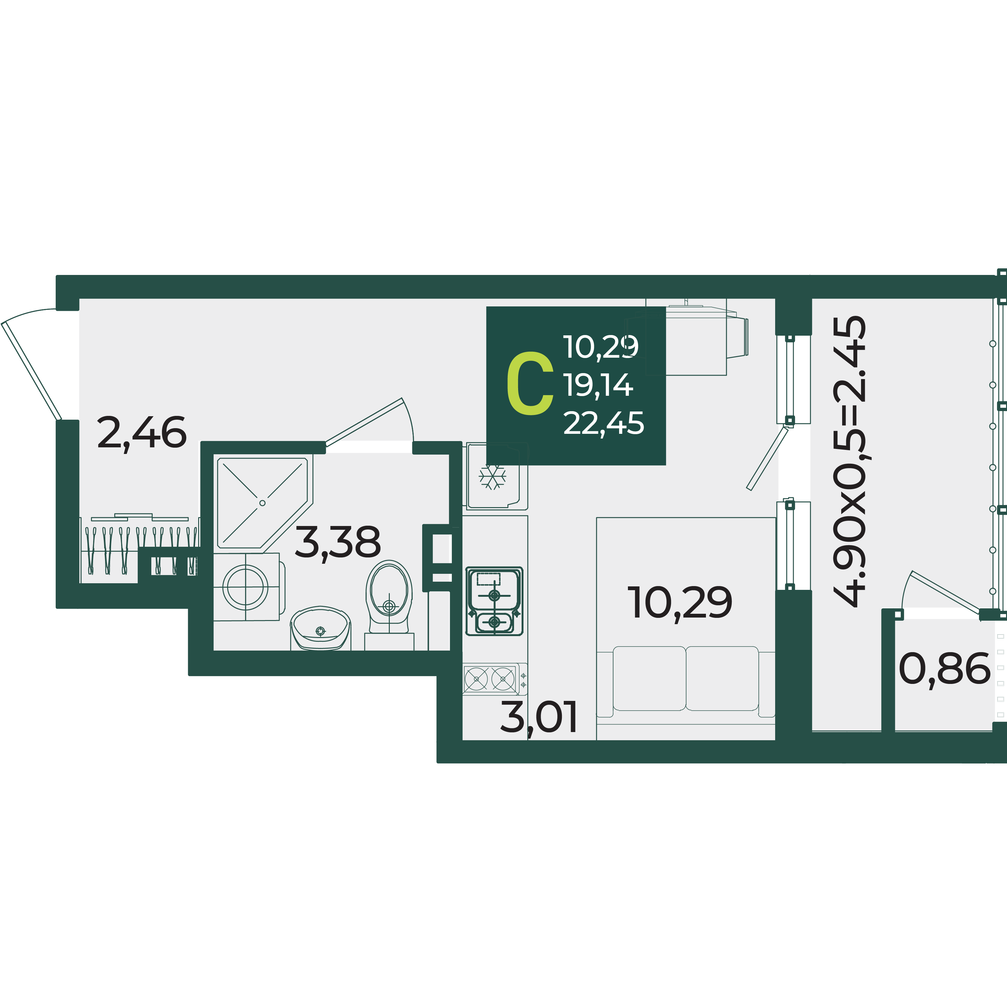 Планировка: Студия 22,5 м²