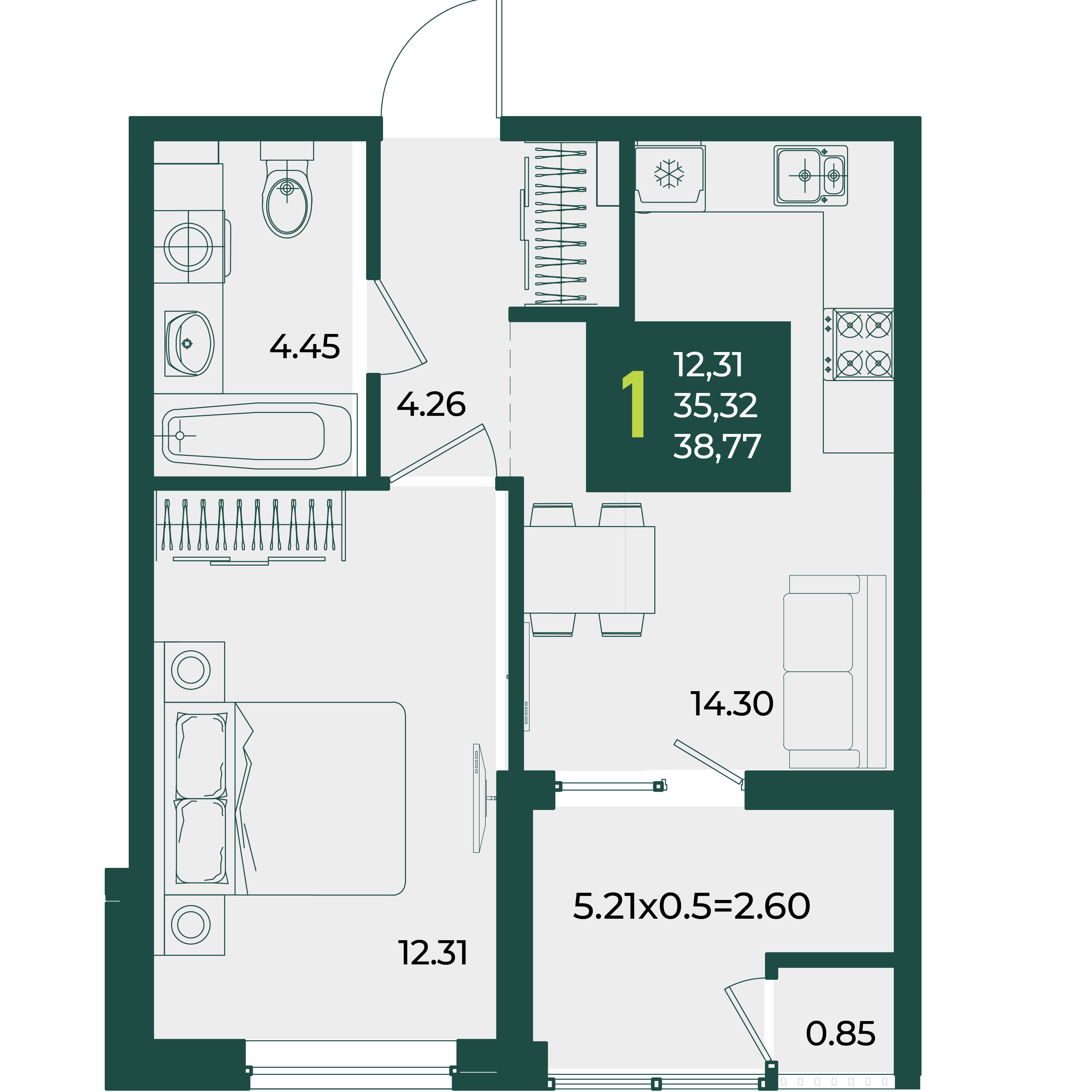 Планировка: 1-комн. квартира 38,8 м²