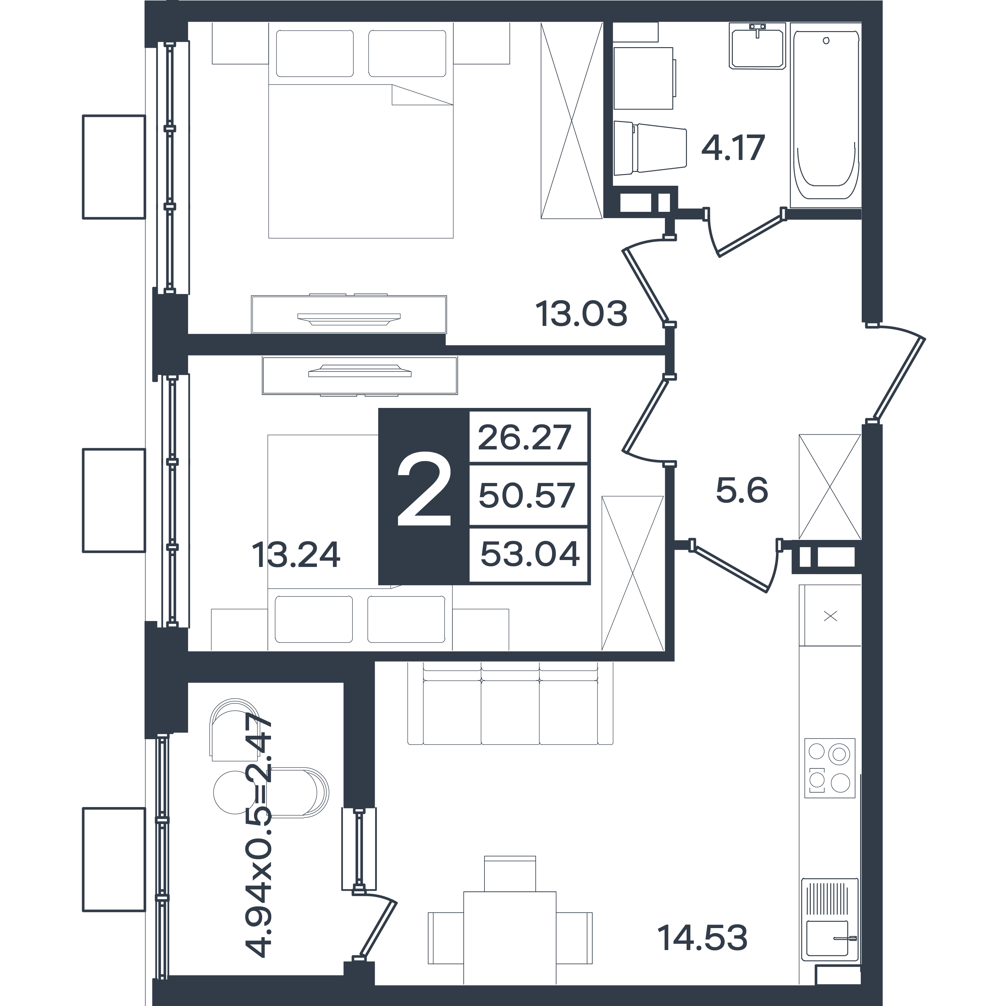 Планировка 2-комнатная 53,04 м²