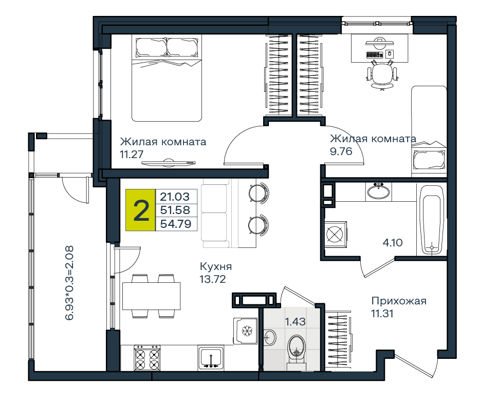 Планировка 2-комнатная 54,75 м²