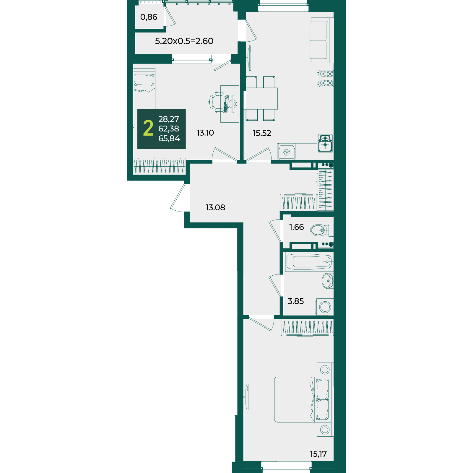 Планировка 2-комнатная 65,84 м²