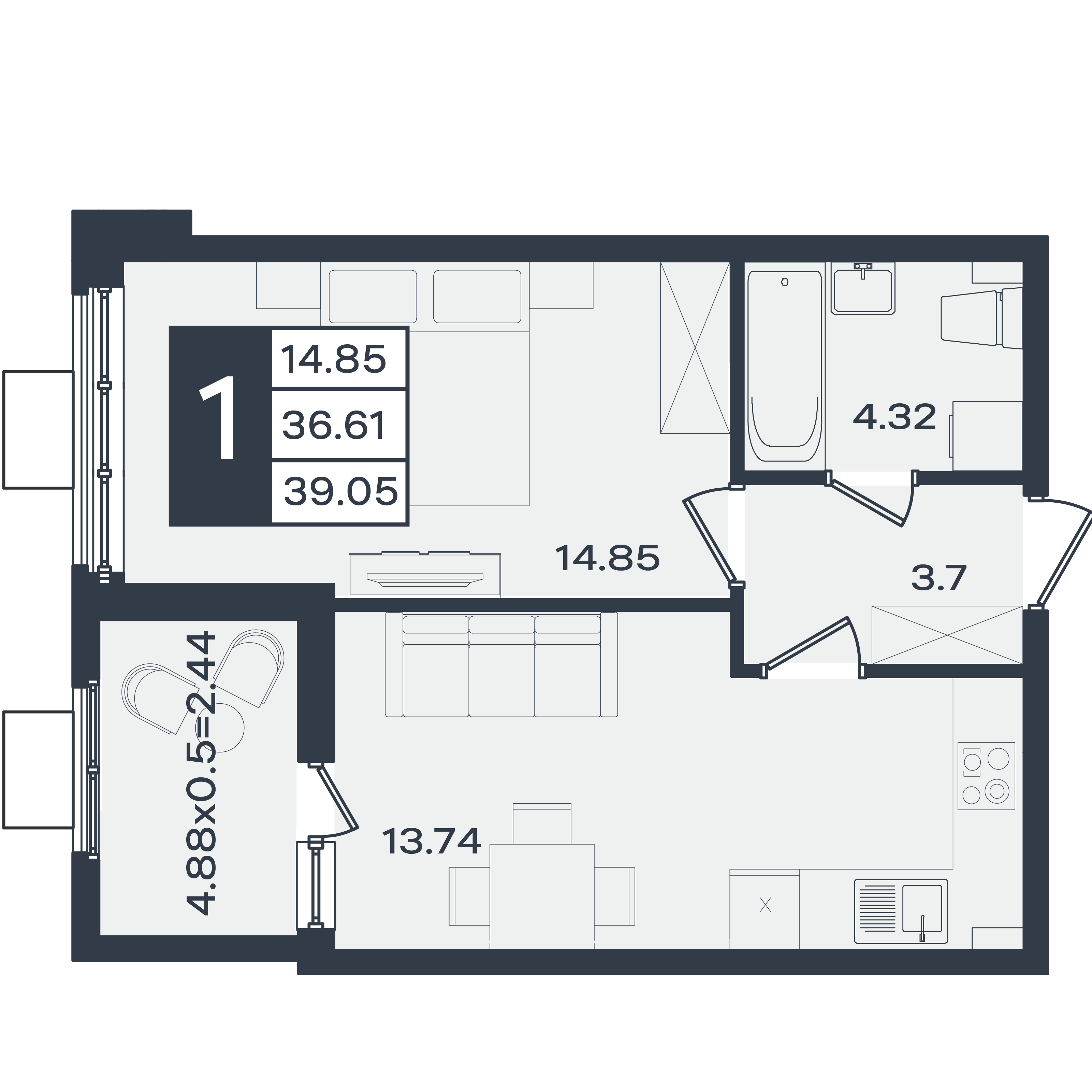 Планировка 1-комнатная 39,05 м²