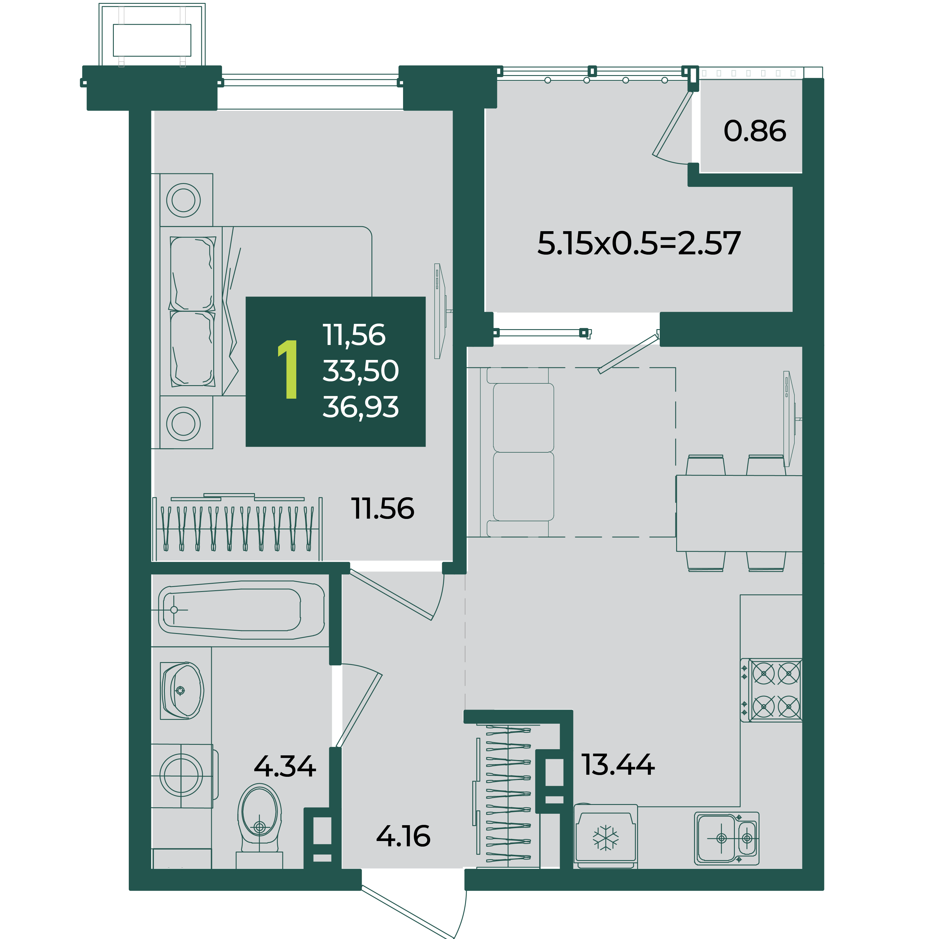 Планировка 1-комнатная 36,93 м²
