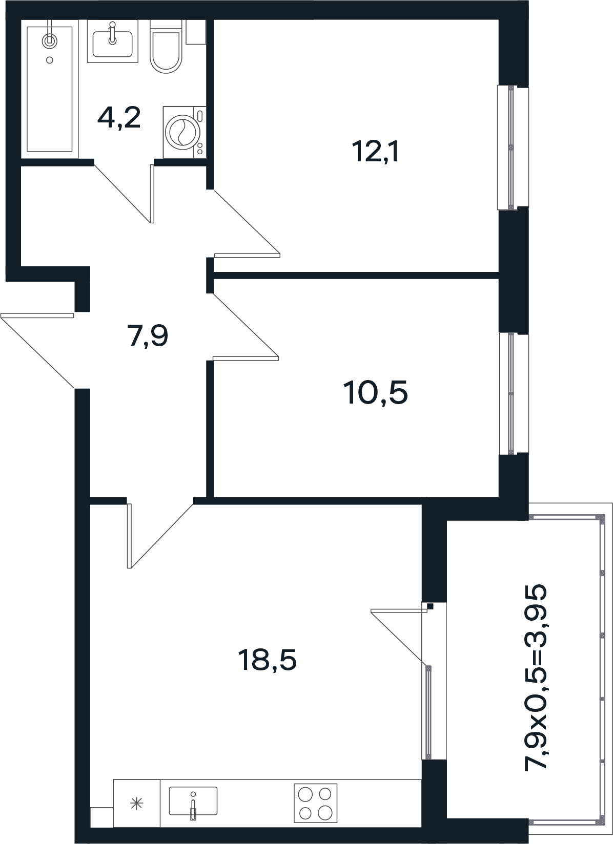 Планировка 2-комнатная 57,15 м²