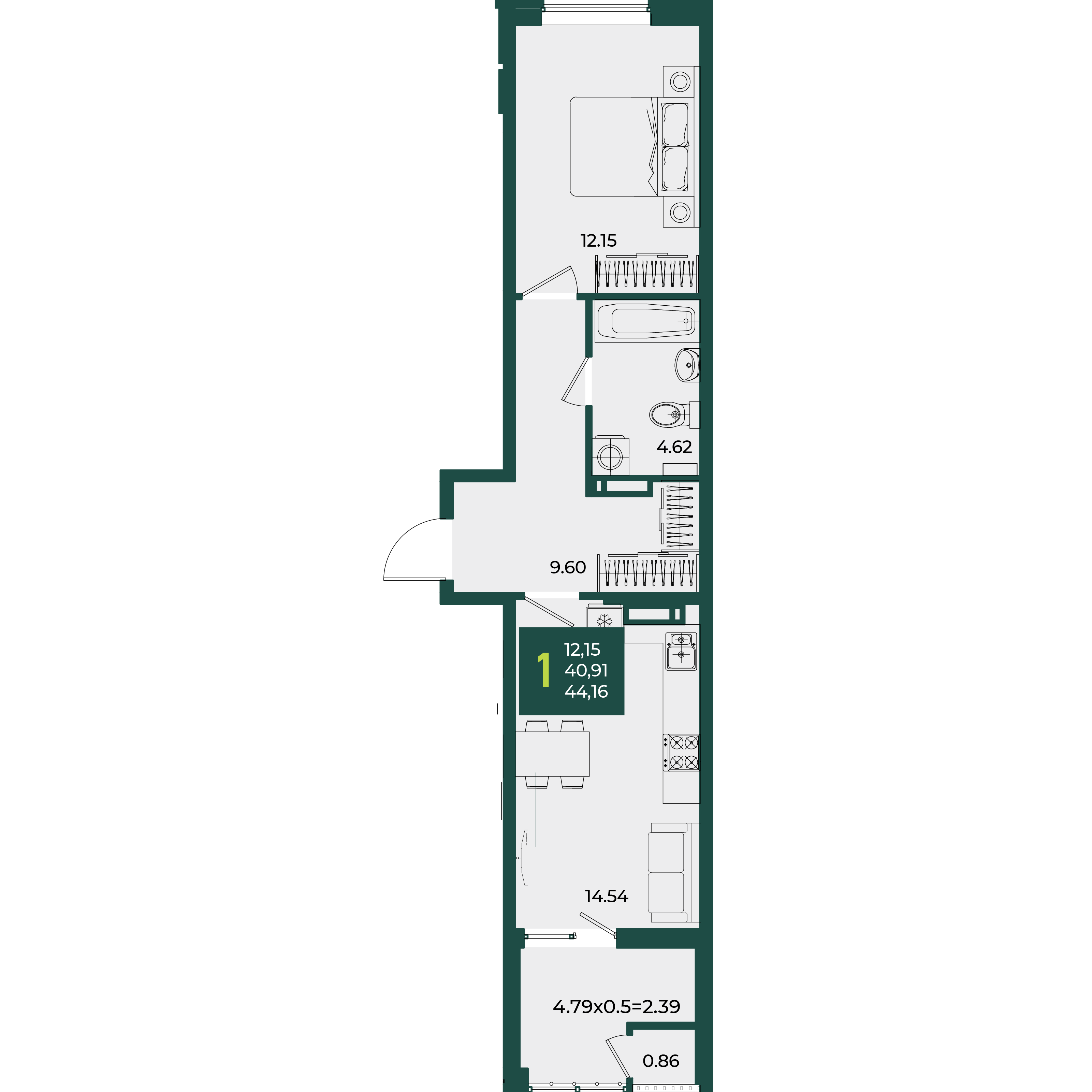 Планировка: 1-комн. квартира 44,2 м²