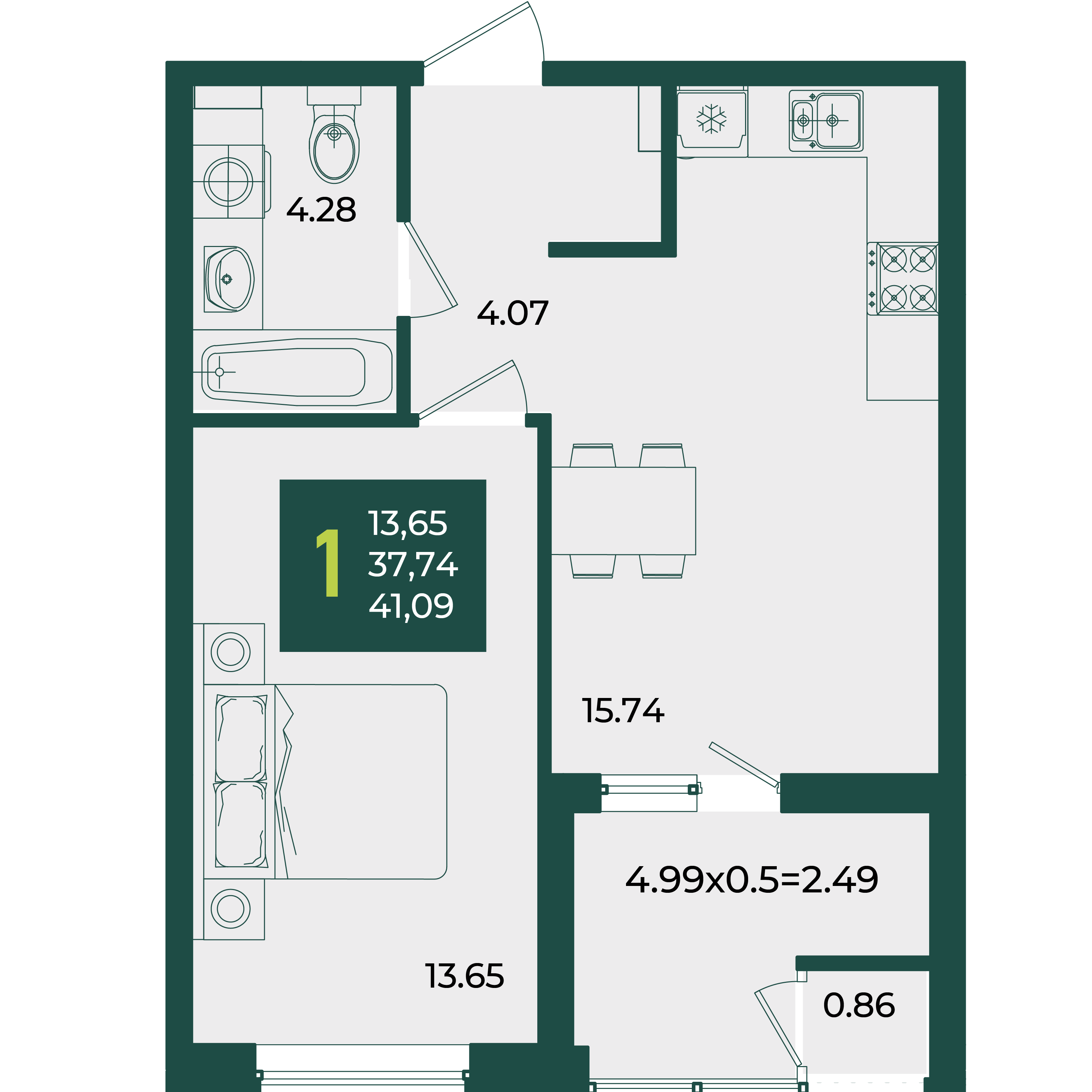 Планировка: 1-комн. квартира 41,1 м²