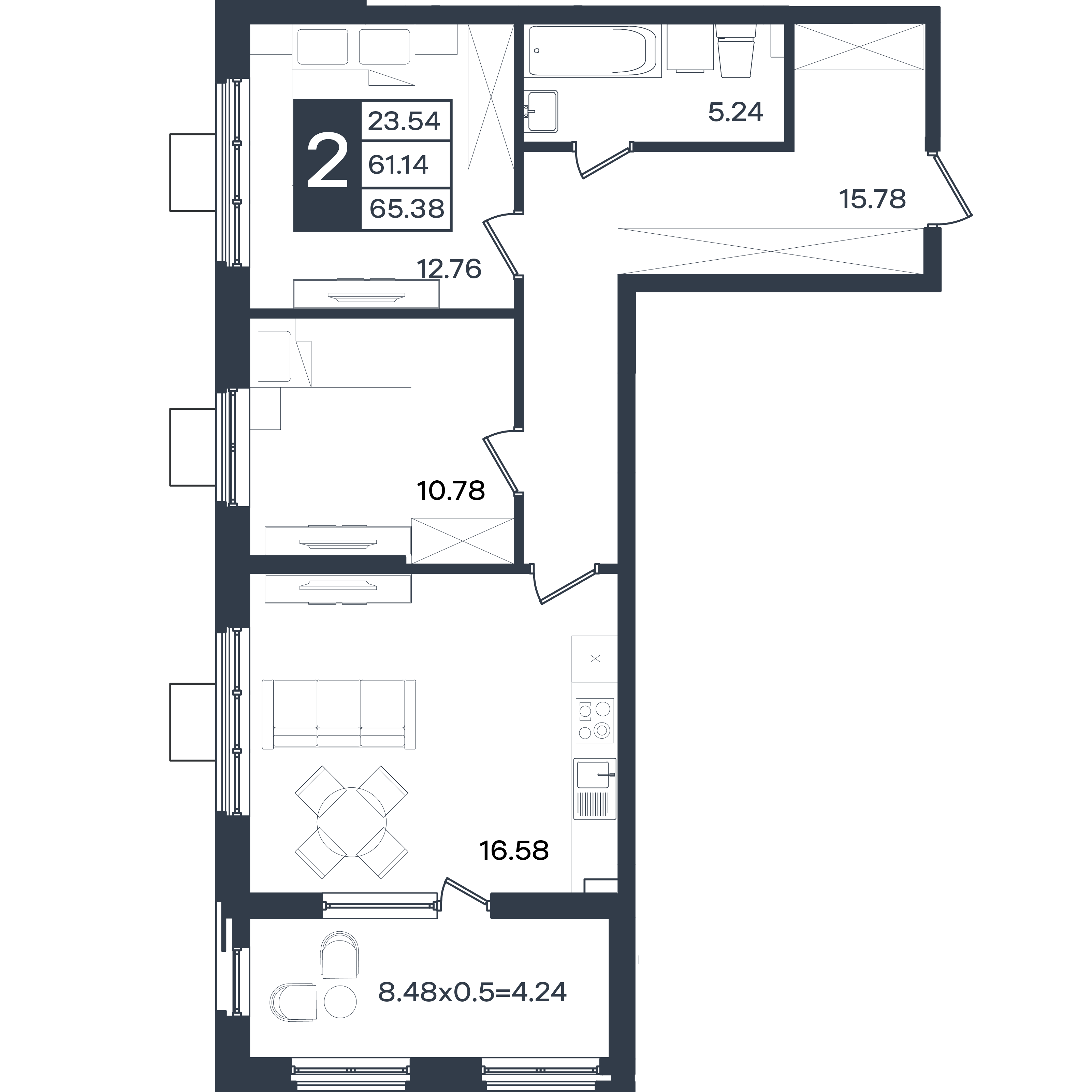 Планировка: 2-комн. квартира 65,4 м²