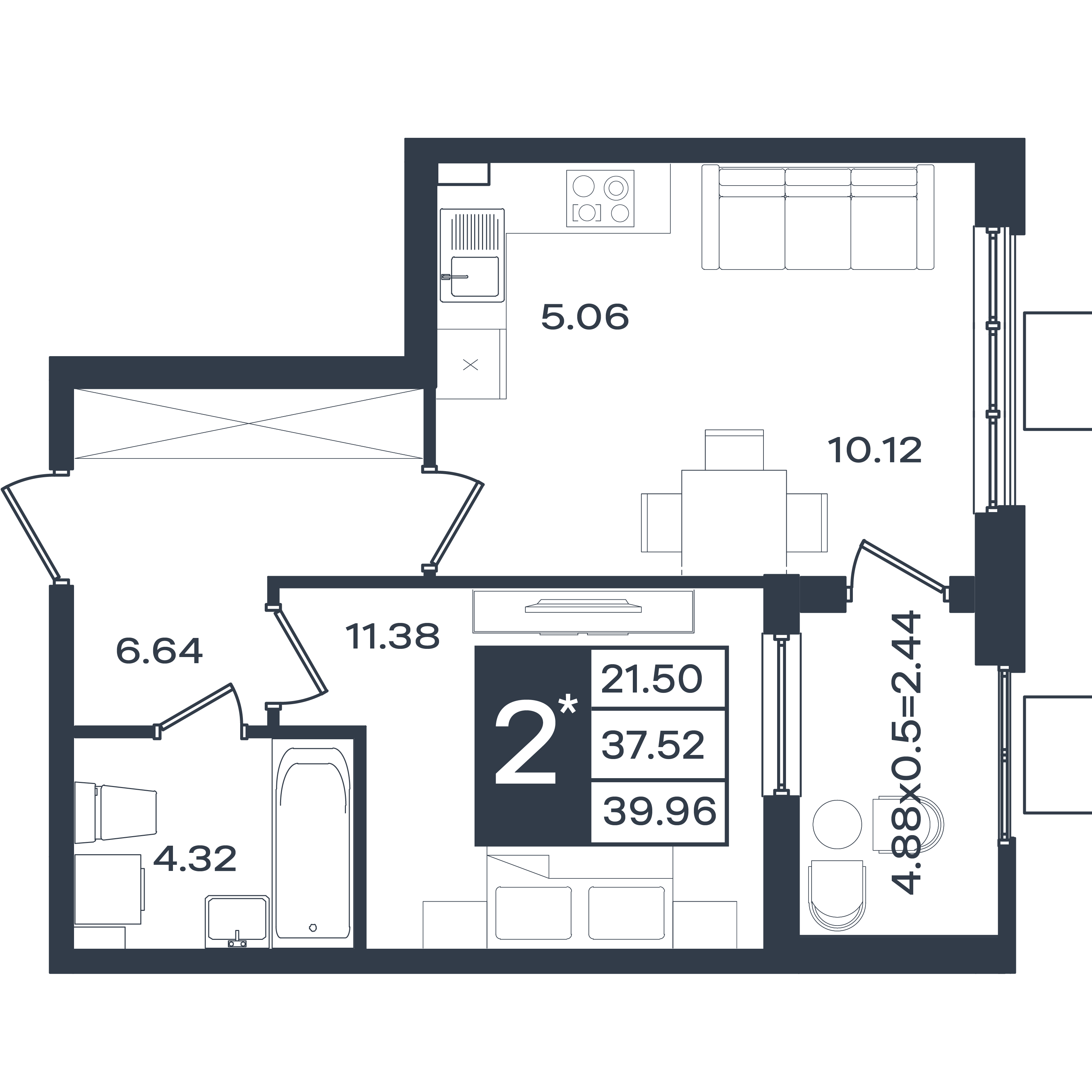 Планировка: 2-комн. квартира 40 м²