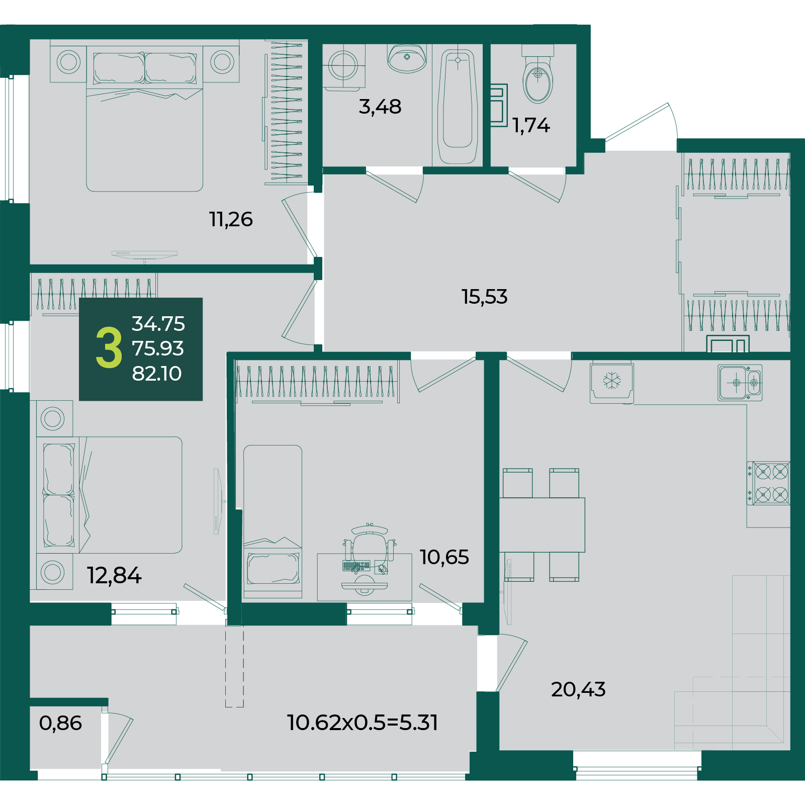 Планировка 3-комнатная 82,1 м²