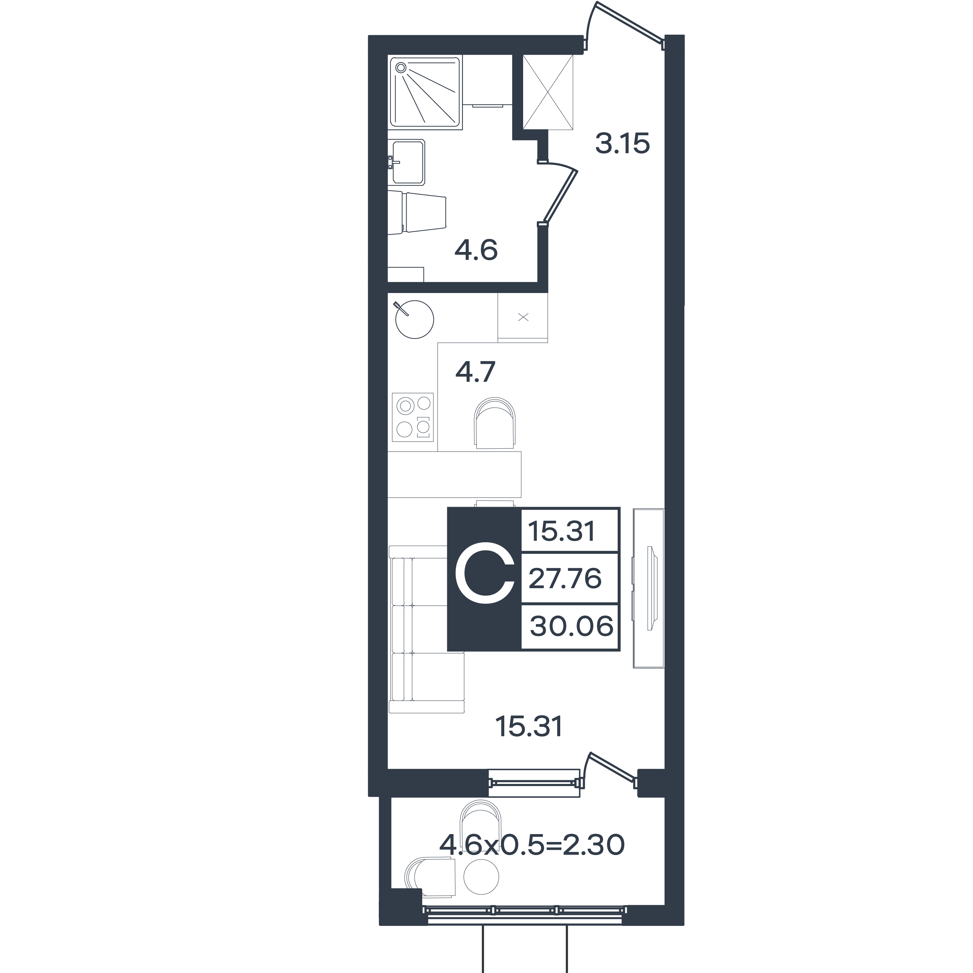 Планировка: Студия 30,1 м²