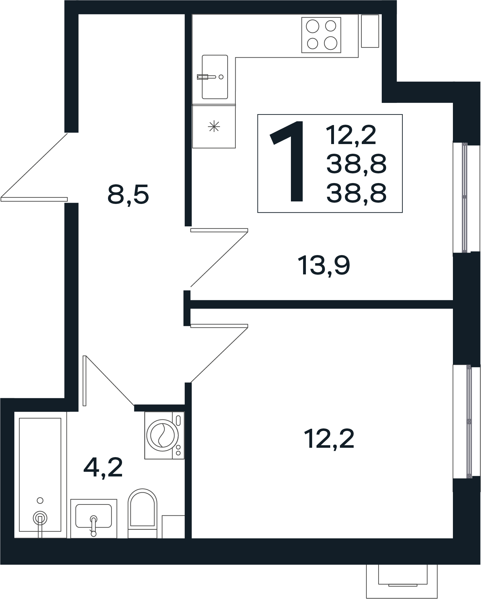 Планировка: 1-комн. квартира 38,8 м²