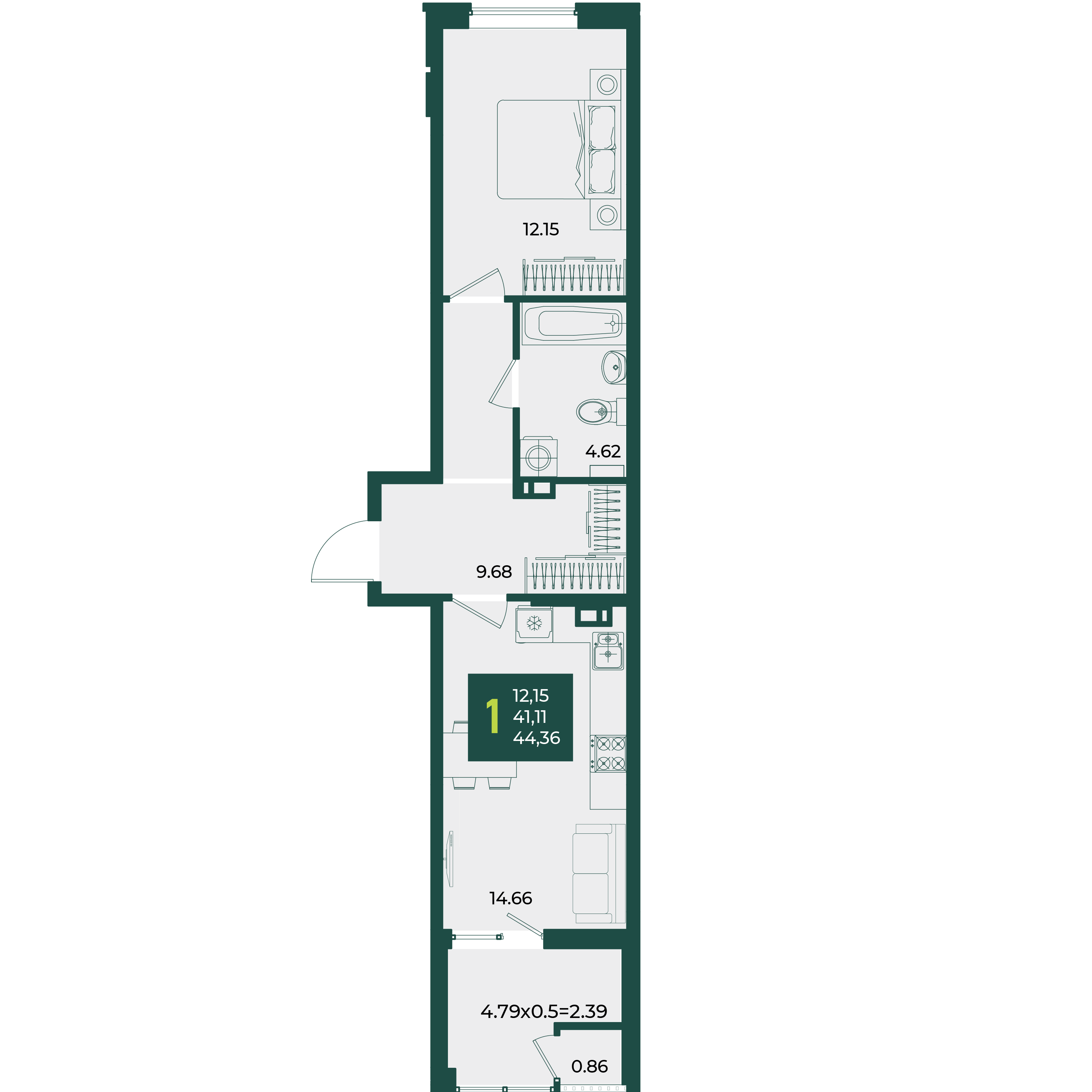 Планировка: 1-комн. квартира 44,4 м²