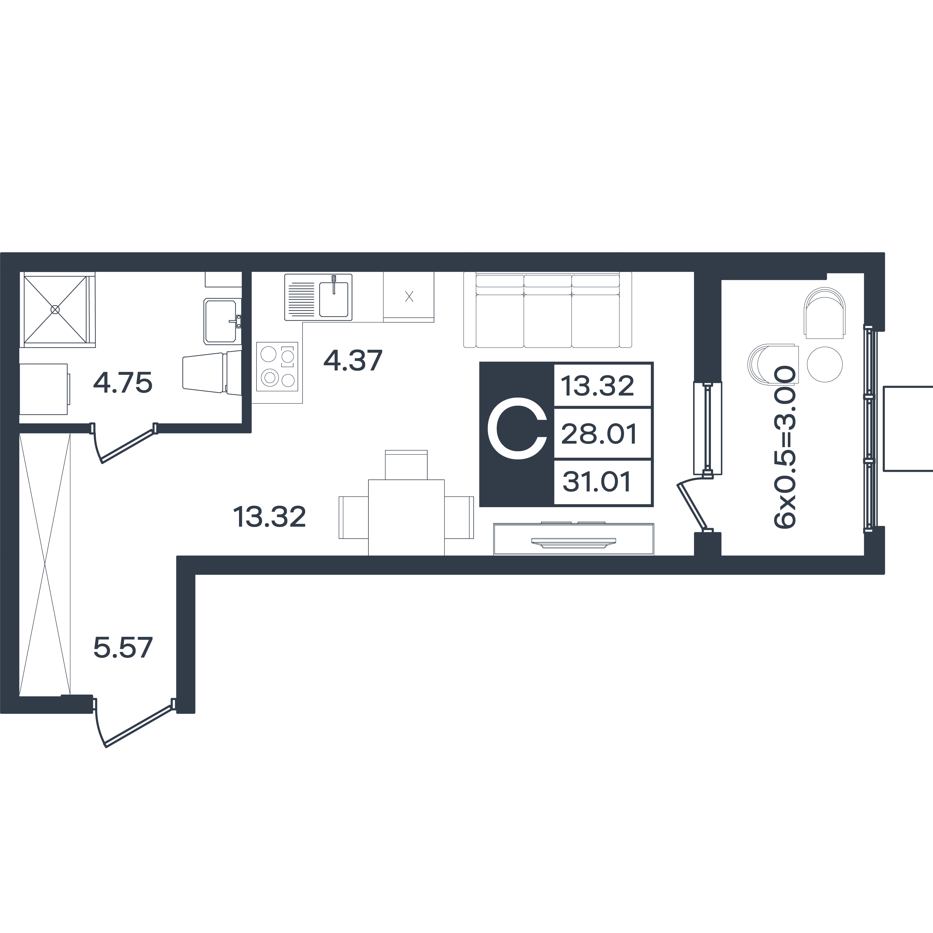 Планировка Студия 31,01 м²