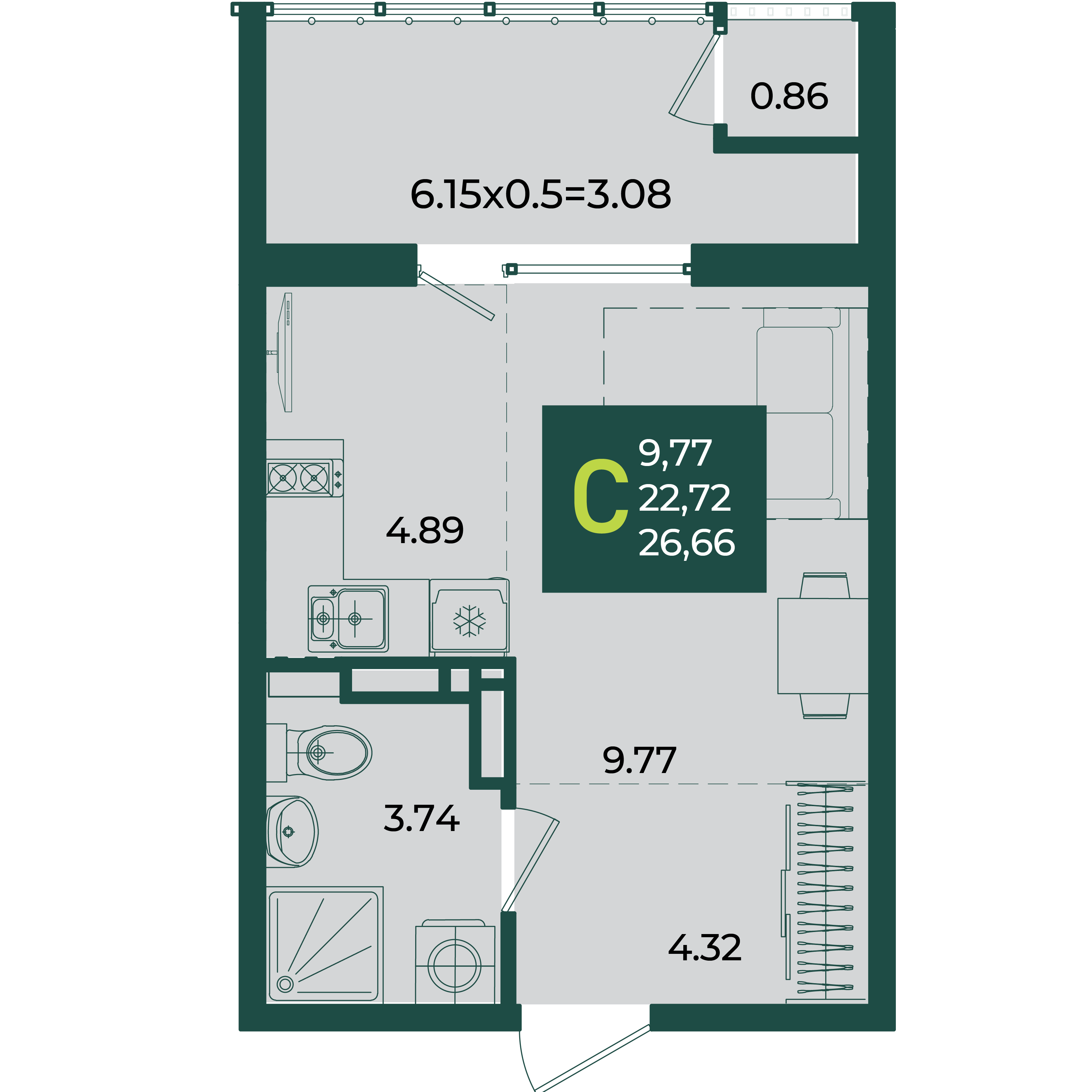 Планировка: Студия 26,7 м²
