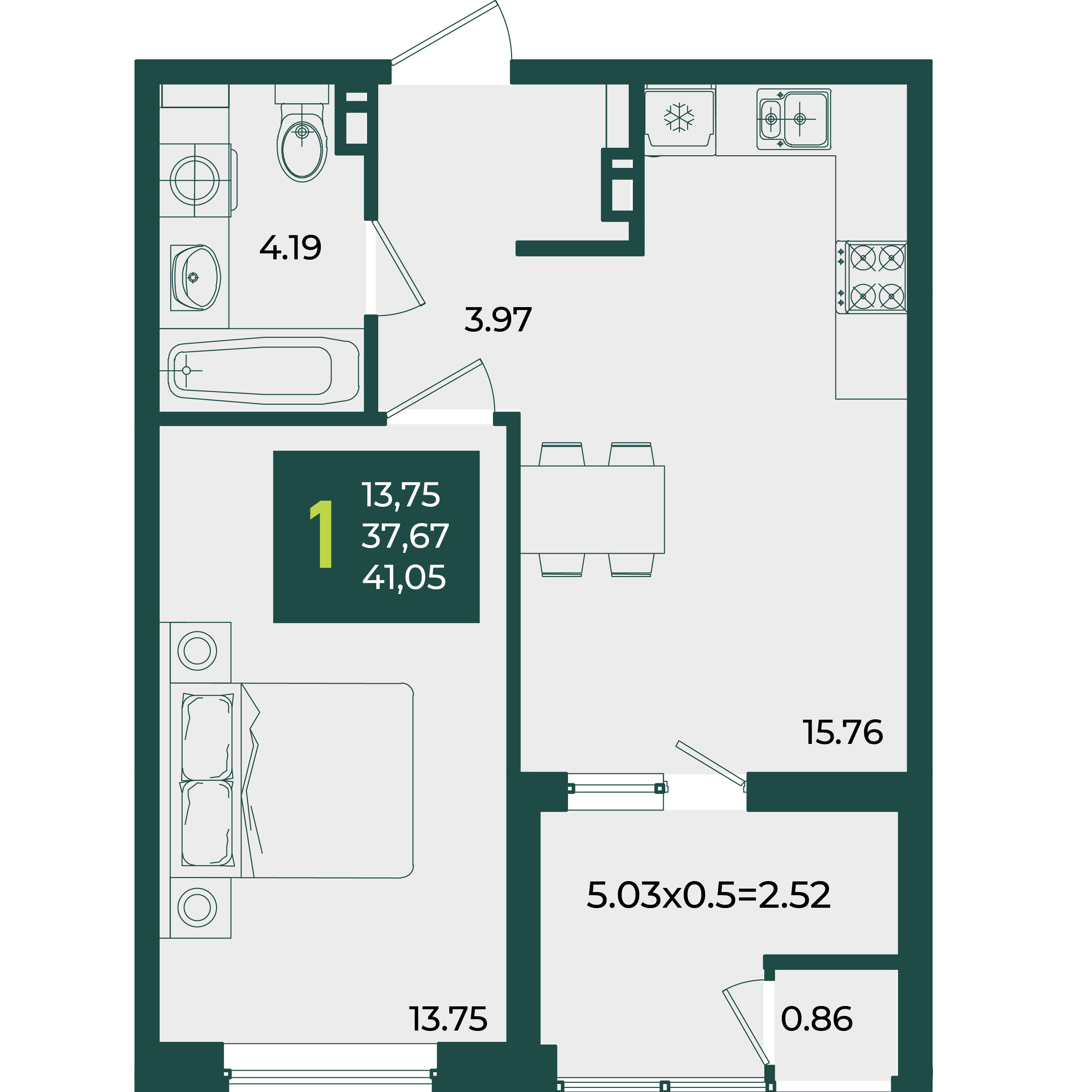 Планировка: 1-комн. квартира 41,1 м²