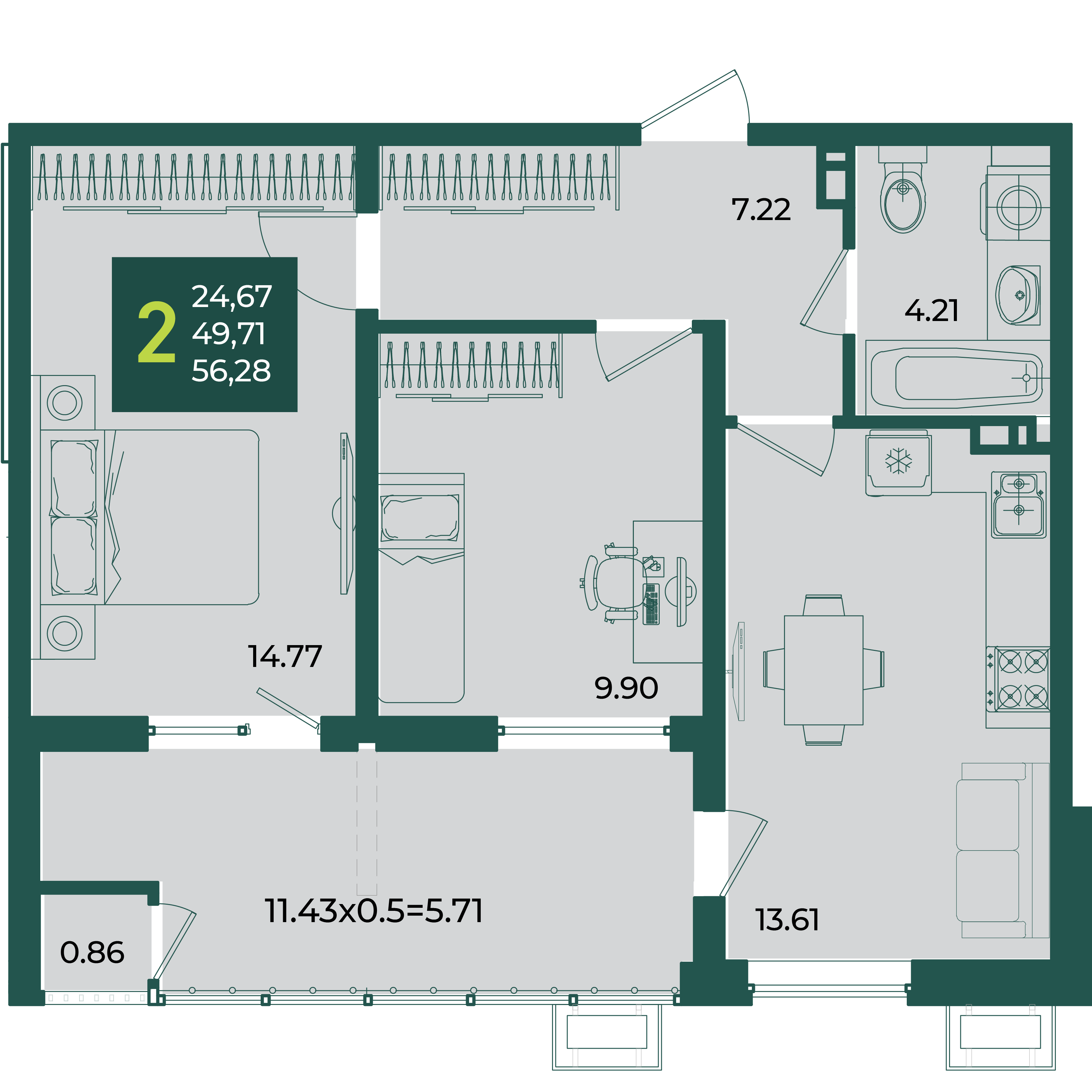 Планировка 2-комнатная 56,28 м²